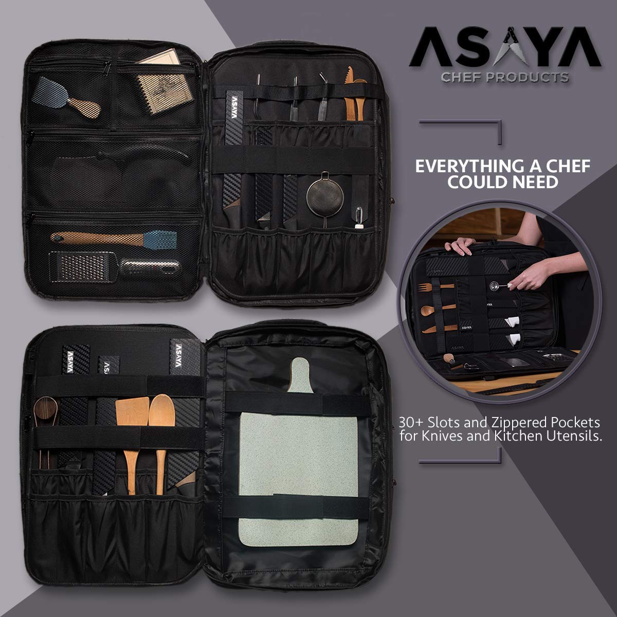 Asaya Professional Chef Knife Backpack with 20-Pocket Knife Roll Bag - Large Capacity Storage for Kitchen Knives & Utensils (30+ Pockets) - Water-Resistant Waxed Nylon with Padded Protection - Perfect for Chefs, Culinary Students & Cooking Enthusiasts (Knives Not Included) - Ideal for Restaurant Work, Culinary School & Outdoor Catering