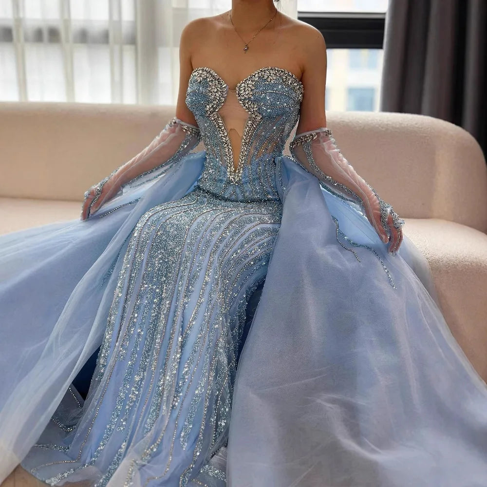Luxury Dubai Arabia Blue Mermaid Evening Dress with Gloves & Overskirt - Formal Gown for Prom, Wedding, Red Carpet Events | Elegant Women's Party Dress LA72582