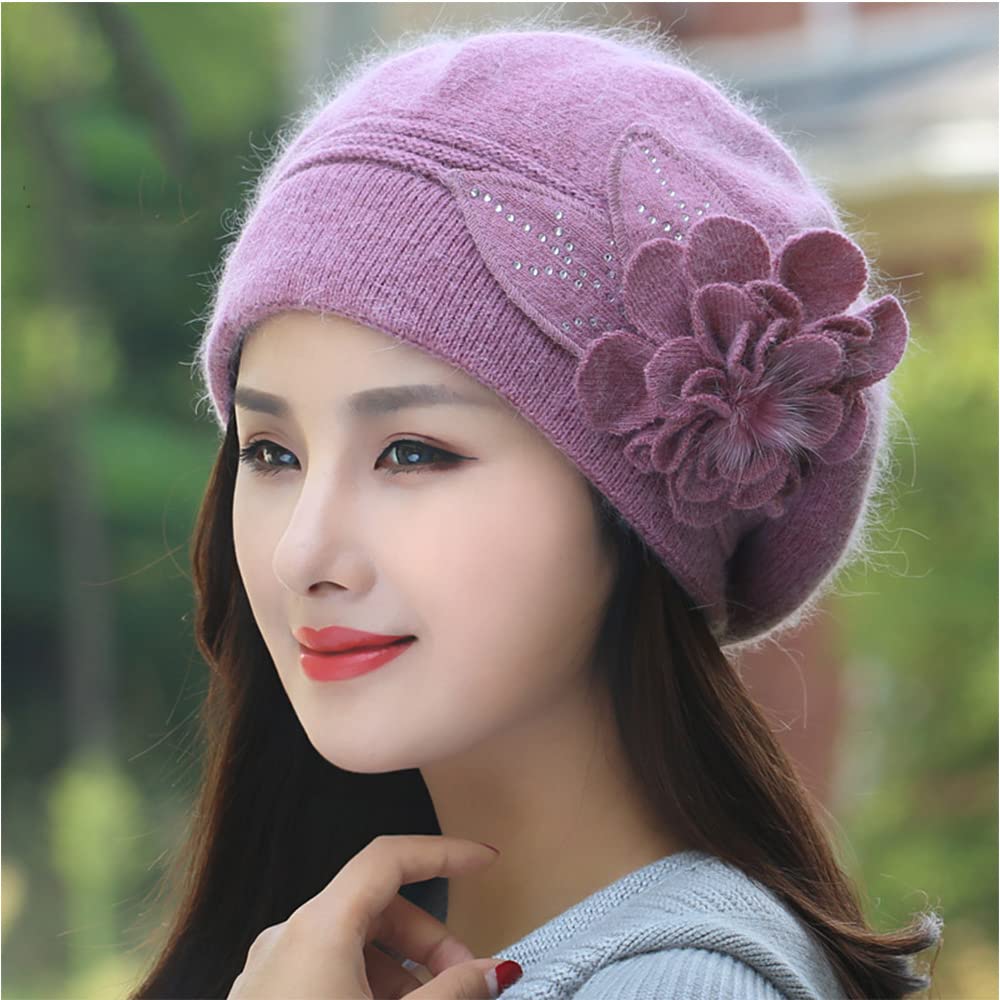 Women's Winter Beanie Hats - Knit Rabbit Fur with Flower Rhinestone - Warm Fashionable Beanie for Cold Weather | Perfect for Outdoor Activities, Skiing, Snowboarding & Winter Fashion