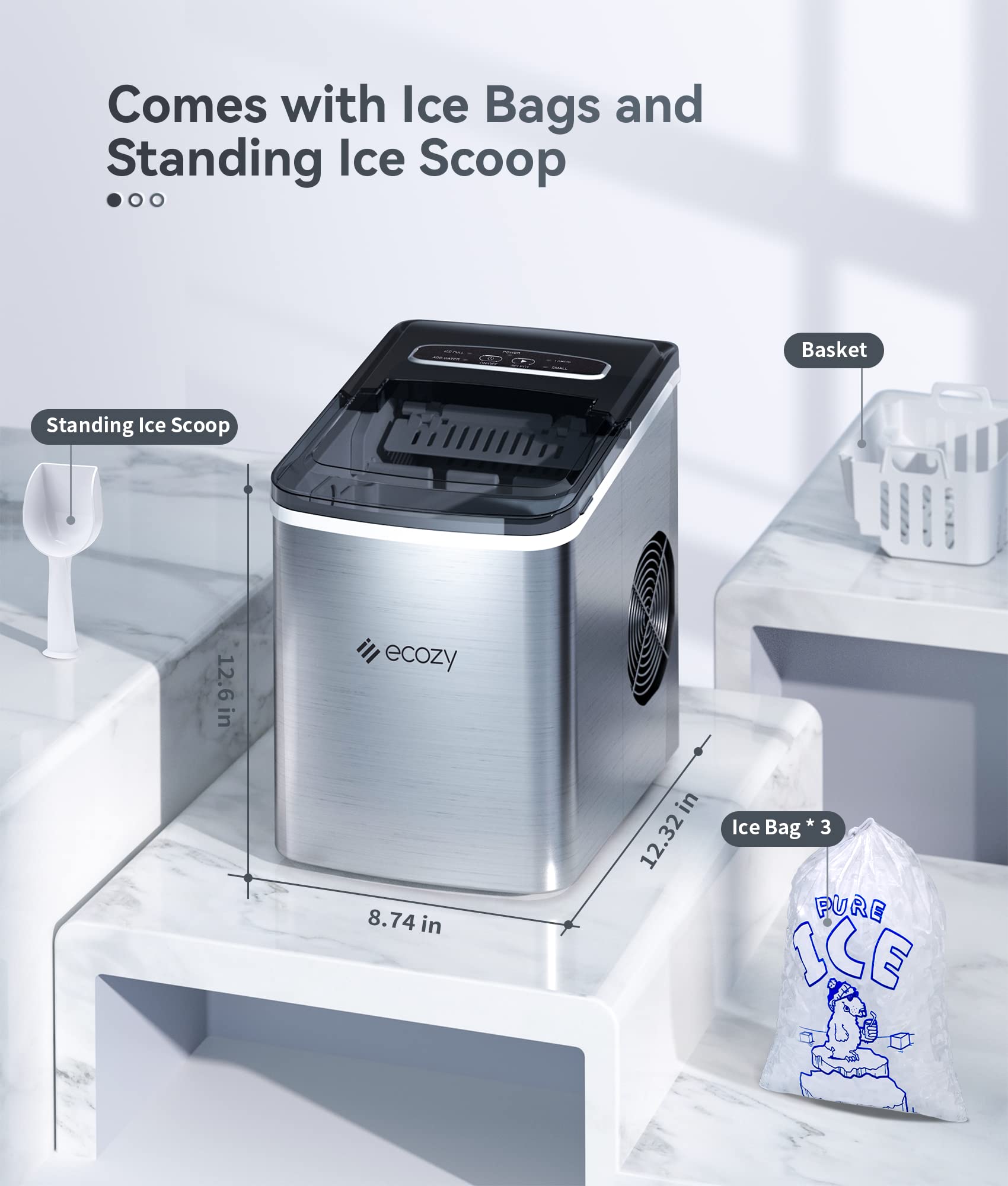 ecozy Portable Countertop Ice Maker - 9 Cubes in 6 Mins, 26.5 lbs Daily, Self-Cleaning with Ice Scoop & Basket - Perfect for Home, Kitchen, Office, Bar, Parties & Outdoor Gatherings (Silver)