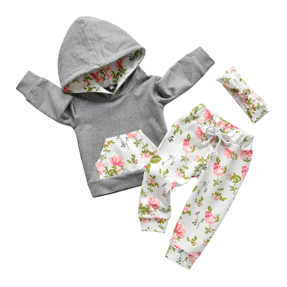 Eghunooy Baby Girl Outfit Set - Floral Long Sleeve Hoodie Sweatshirt & Pants with Pocket & Headband | Cute Toddler Clothes for Playdates, Family Photos & Everyday Wear