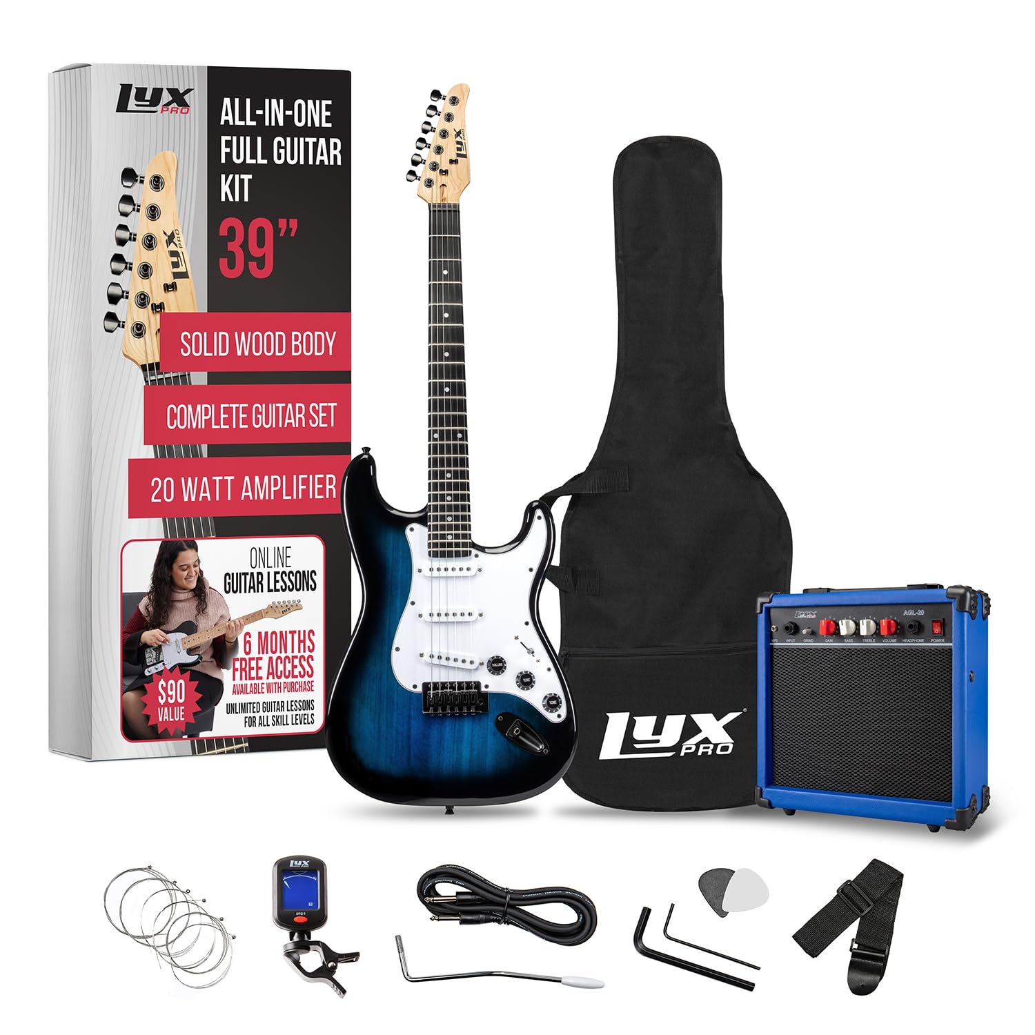 LyxPro 39 Inch Full Size Electric Guitar Starter Kit with 20W Amplifier, Digital Clip-On Tuner, Tremolo Bar, Shoulder Strap & Case Bag - Blue | Perfect for Beginners, Practice, Live Performances & Home Recording