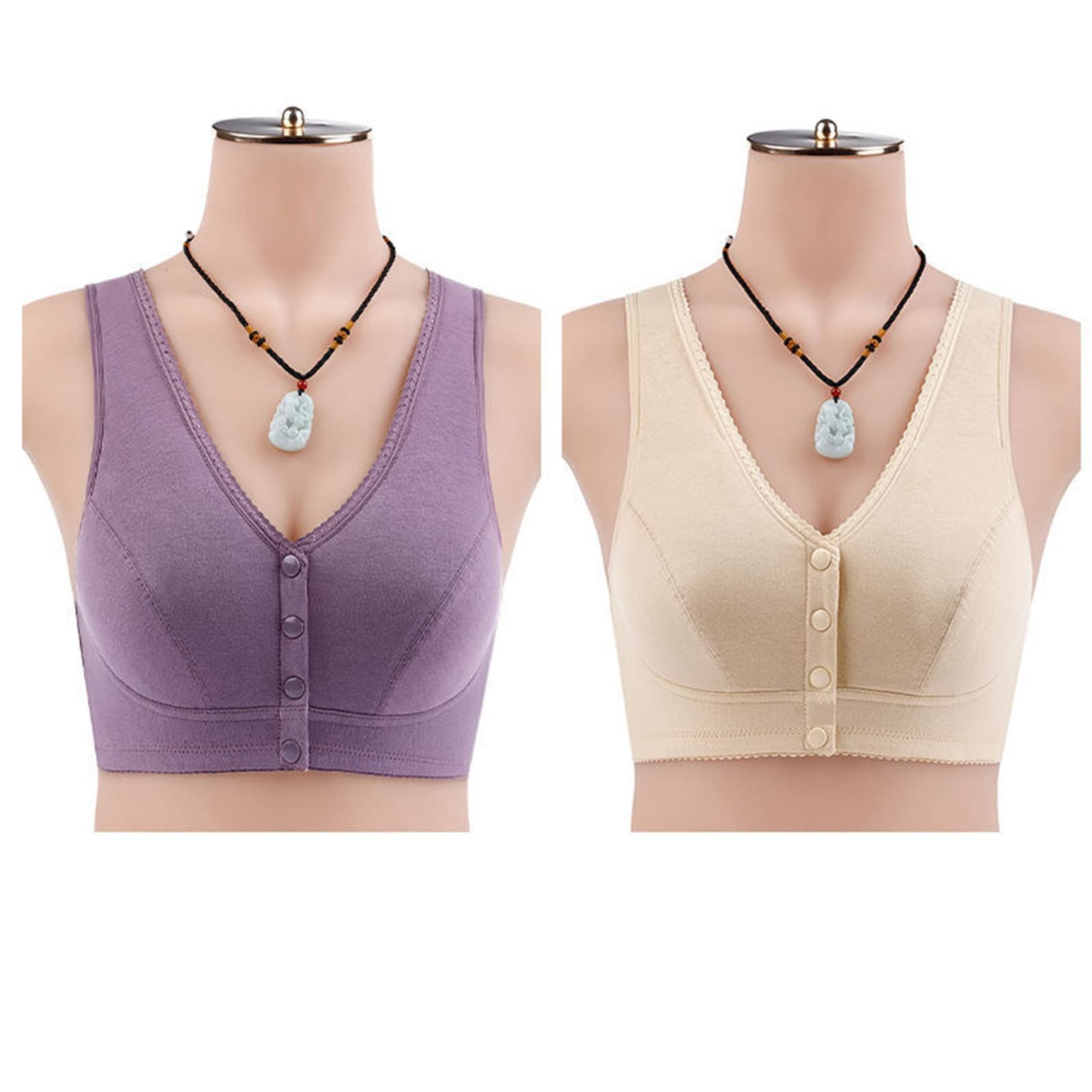 2 Pack Women's Breathable Pure Cotton Bralette - Post Surgery Front Closure Wireless Sleep Bras for Comfort & Recovery - Perfect for Nightwear, Lounging and Healing After Procedures