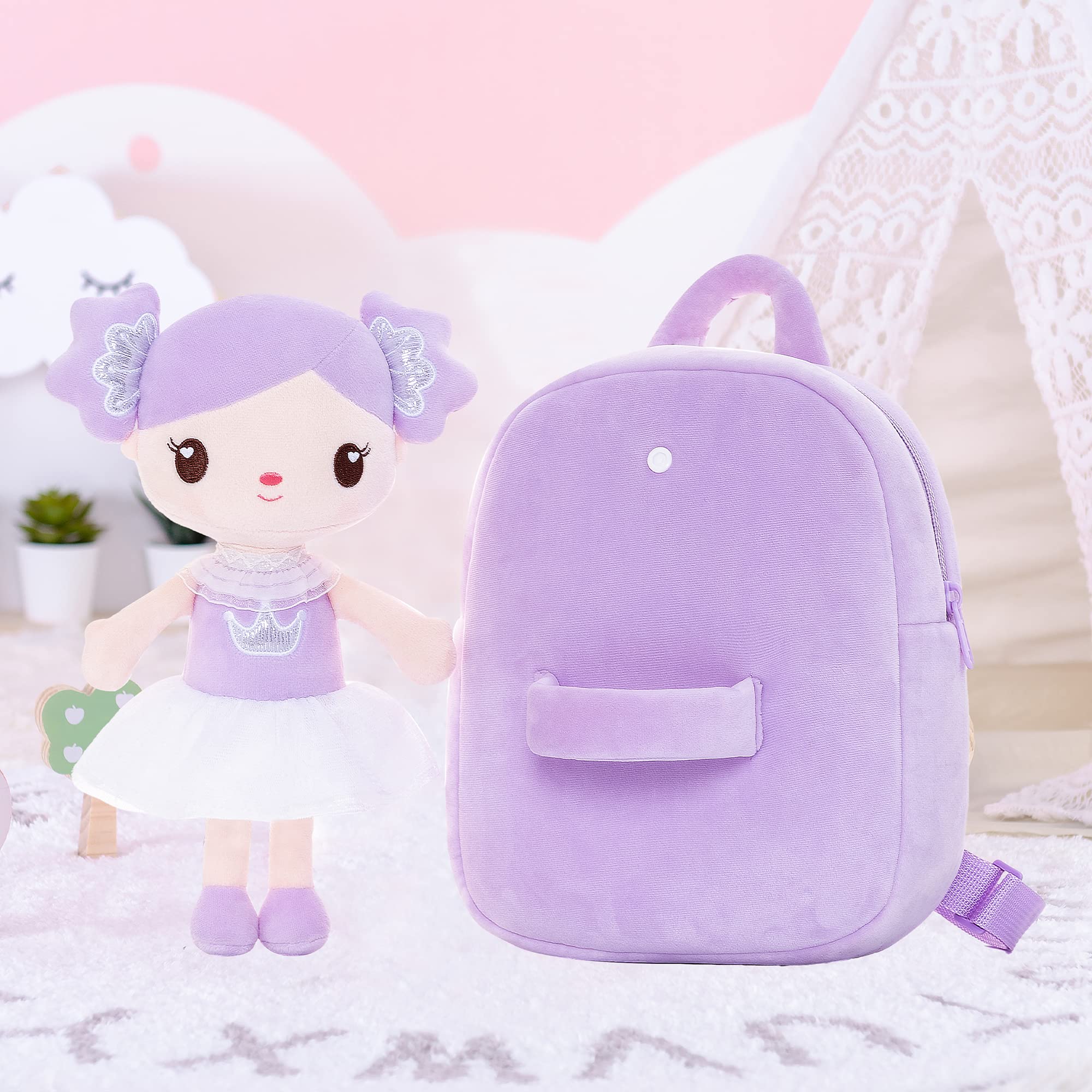 Gloveleya Toddler Backpack for Girls - Cute 9 Inch Kids Backpack with Candy Purple Doll - Perfect for Preschool, Daycare & Travel Accessories