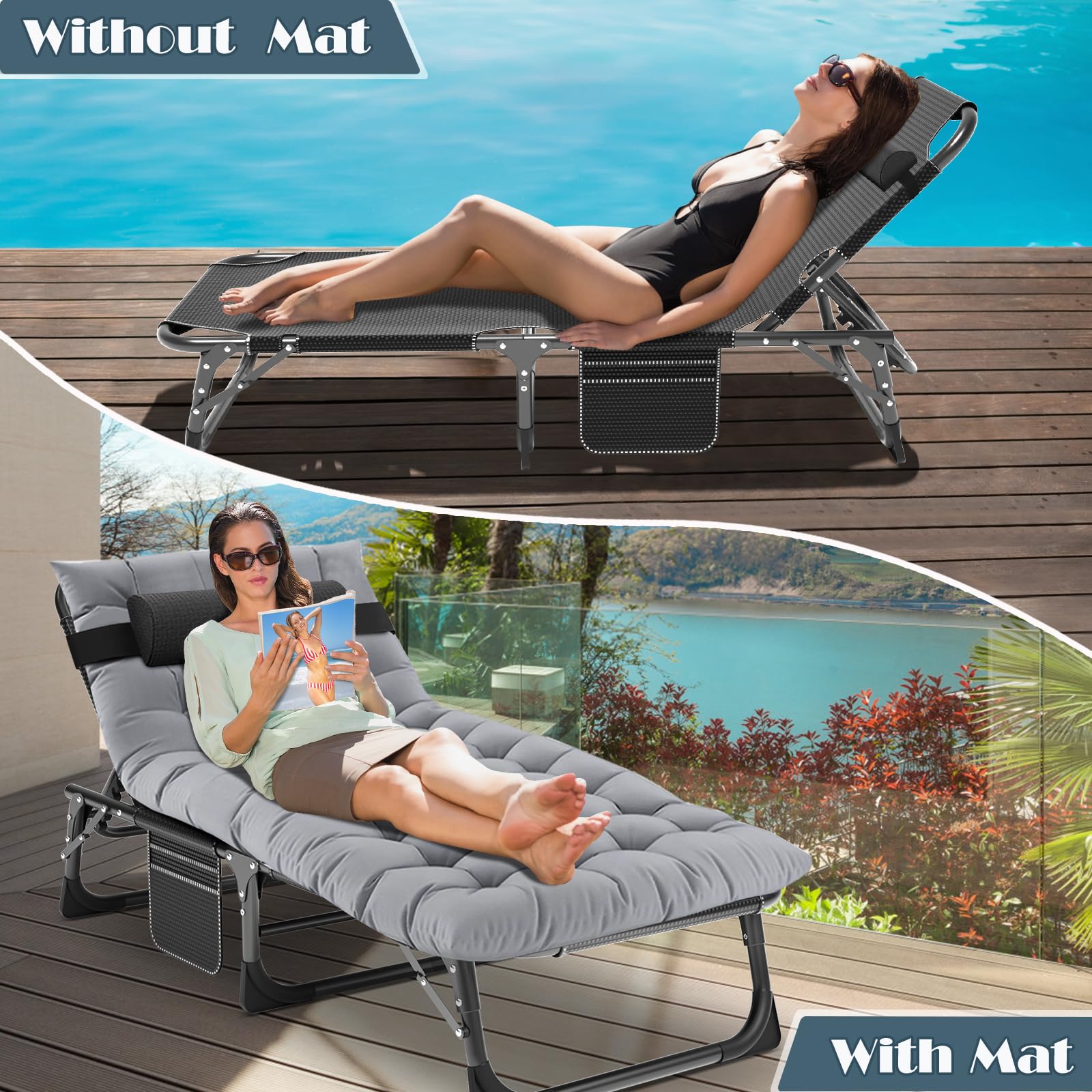 5-Position Reclining Folding Chaise Lounge Chair - Portable Outdoor Patio Sunbed for Adults - Perfect for Poolside, Beach, Camping, Backyard & Sunbathing - Lightweight & Durable for Travel & Relaxation