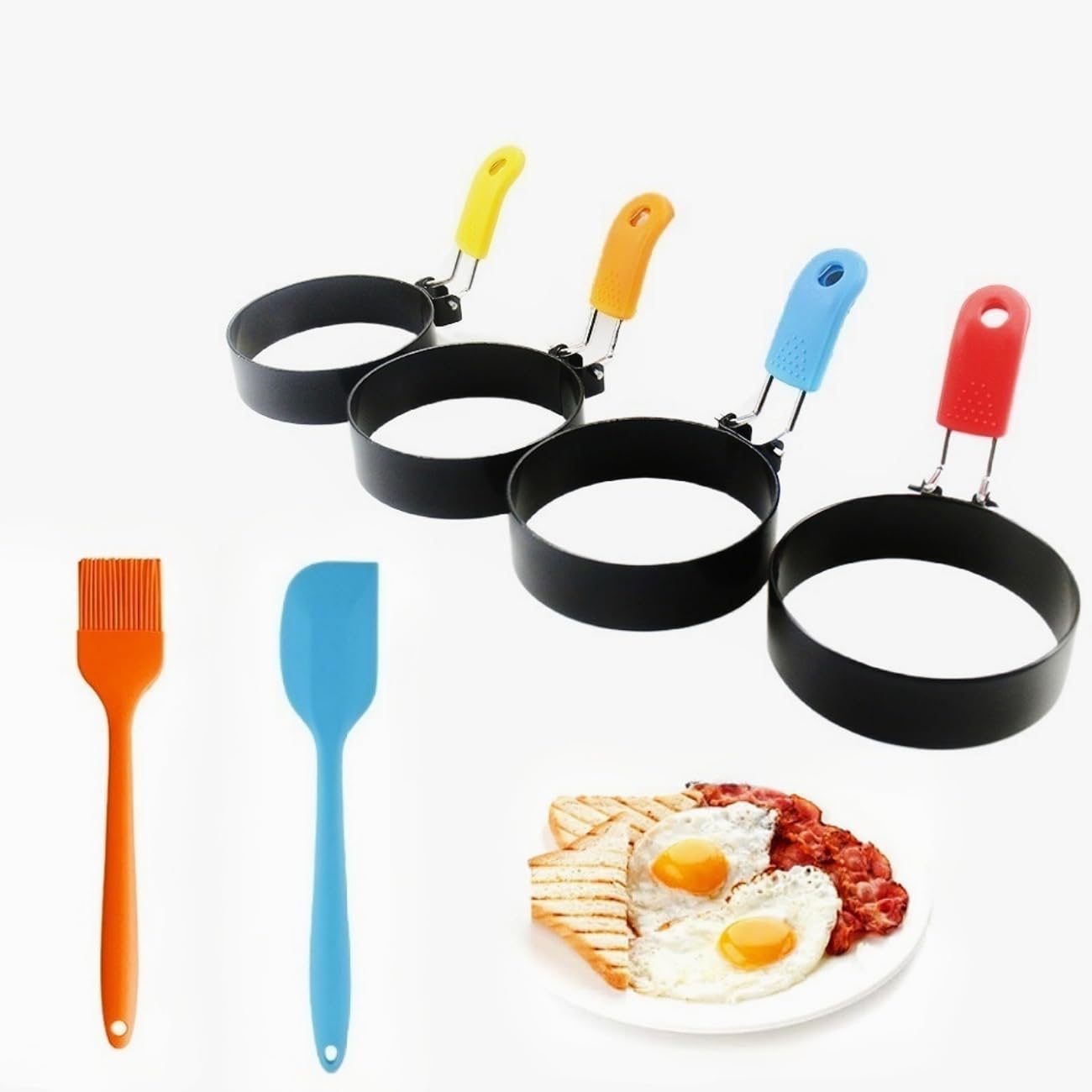 Stainless Steel Egg Rings Set of 4 - Nonstick, Heat-Resistant Egg Molds with Silicone Brushes & Spatulas for Cooking Fried Eggs, Pancakes, Crepes (4 Colors) - Perfect for Breakfast, Brunch & Family Cooking