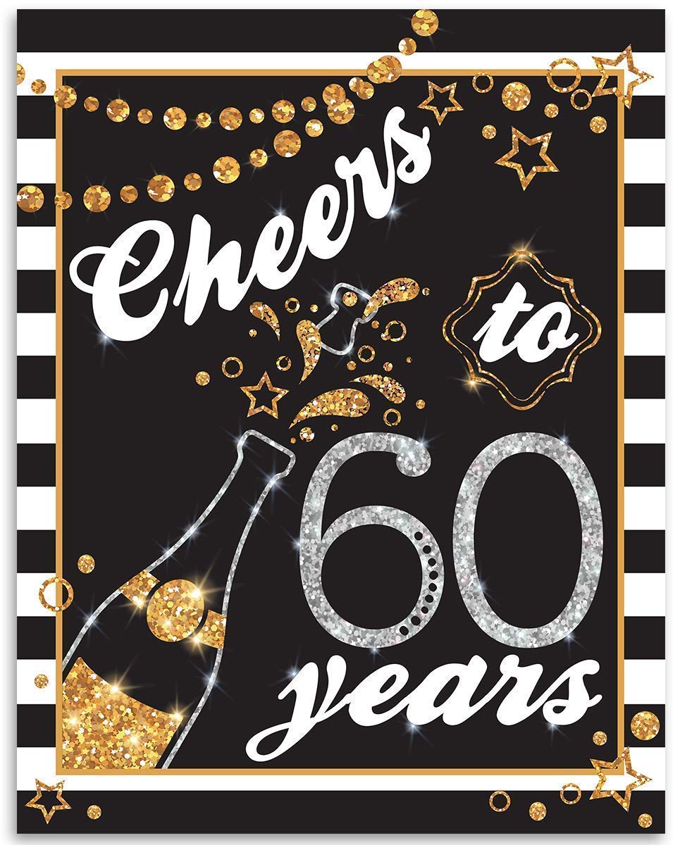 Cheers To 60 Years Champagne Print - Vintage Black & White 60th Birthday Decor with Gold Glitter | 11x14 Unframed Art Poster | Perfect for Anniversary Parties, Milestone Celebrations & Retirement Gifts | Wall Decor for Home, Office or Event Venues
