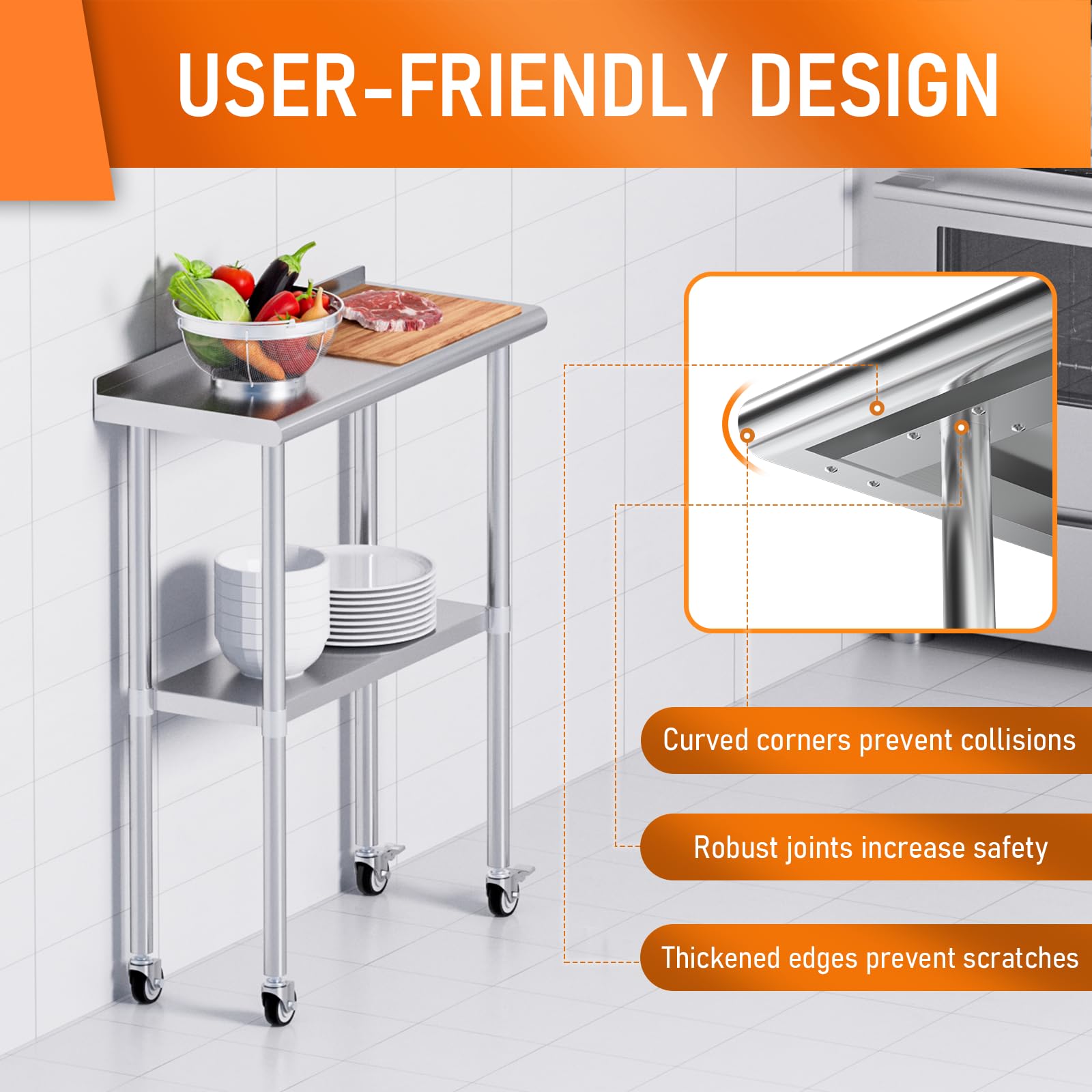 Stainless Steel Prep & Work Table with Adjustable Shelf, Backsplash & Wheels - 14
