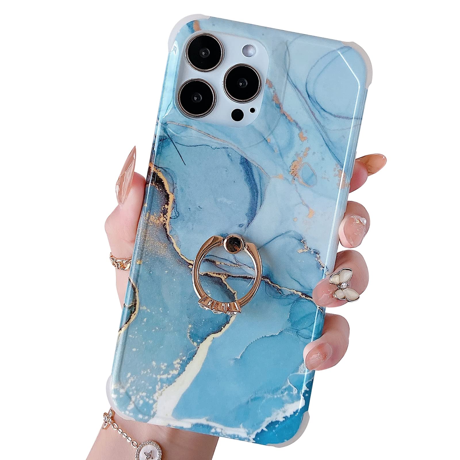 Hapitek iPhone 13 Pro Max Case with Ring Holder & Kickstand - Slim Luxury Protective Phone Cover in White Marble Glitter Design for Women | Perfect for Work, Travel & Everyday Use
