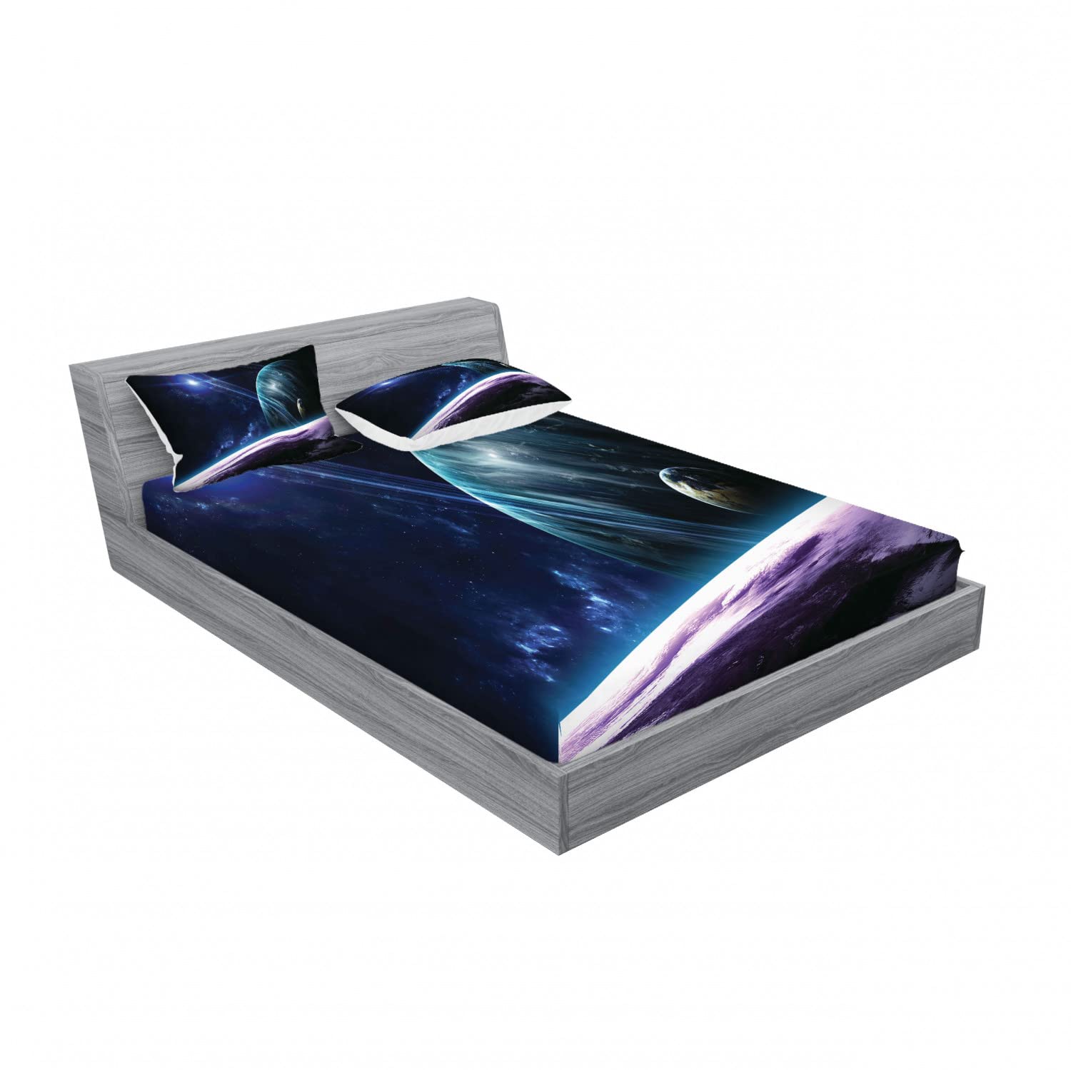 Ambesonne Space Themed 2-Pack Queen Size Fitted Sheet & Pillow Sham Set - Universe with Planets Design, 4 Piece Blue Purple Galaxy Bedding Set (2 Fitted Sheets + 4 Pillow Covers) for Astronomy Lovers' Bedroom Decor