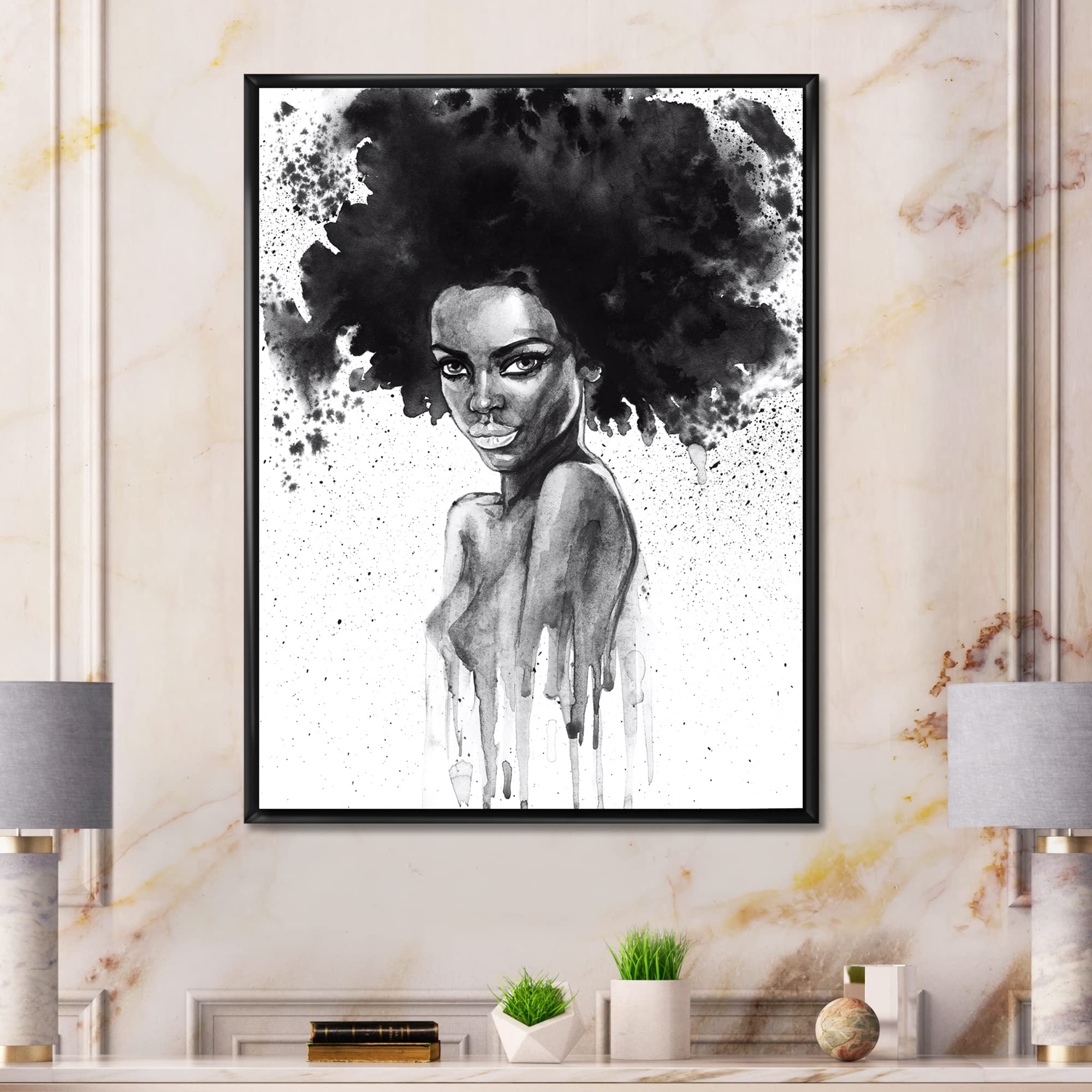 DesignQ Black and White African American Woman Portrait III - Modern Framed Canvas Wall Art Print for Living Room, Bedroom & Office Decor