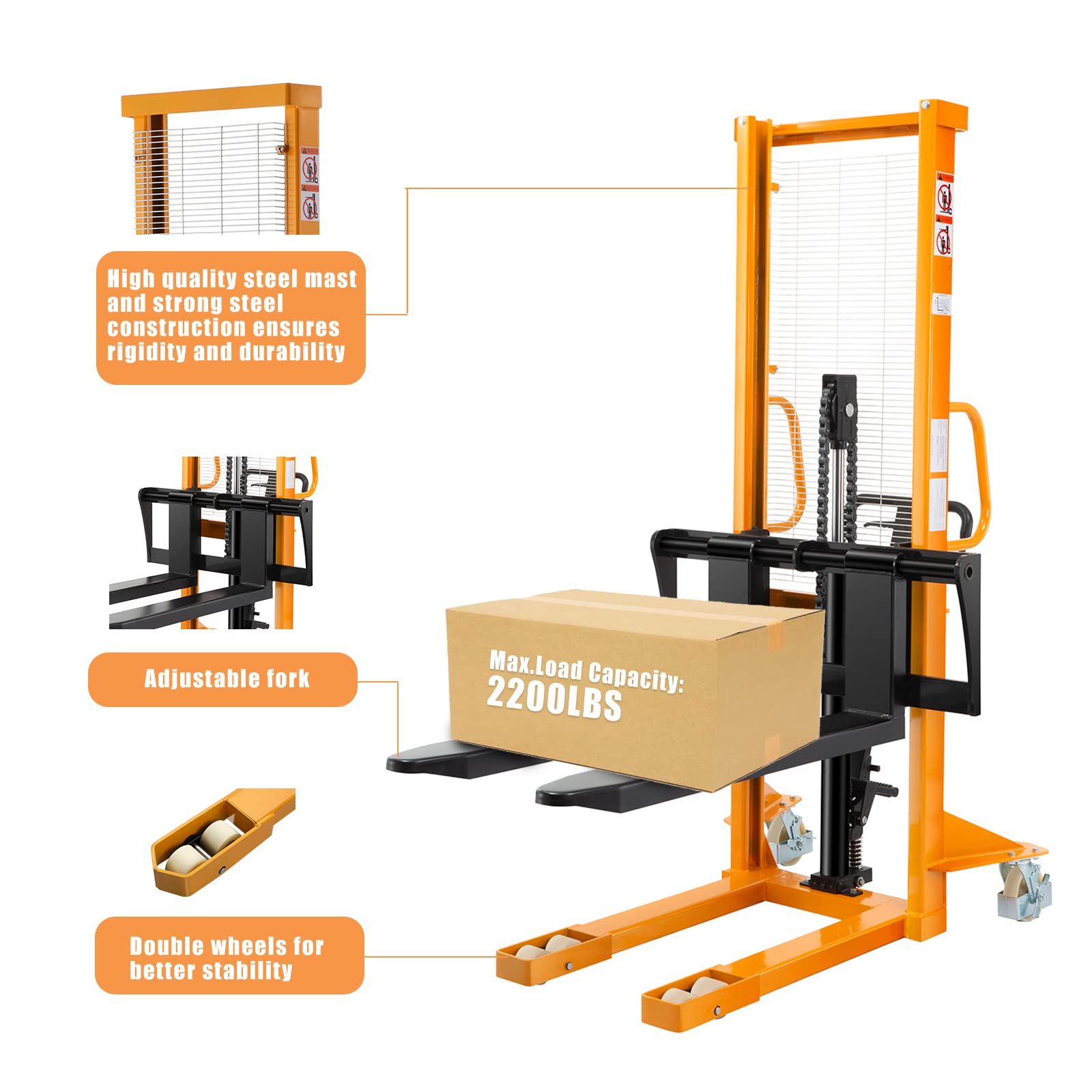 APOLLO Manual Pallet Stacker - 2200lbs Capacity Hand Pallet Truck with Adjustable Forks & Fixed Legs - Heavy Duty Warehouse Equipment for Open-Bottom Pallets - Ideal for Loading, Unloading and Material Handling in Warehouses, Factories and Retail Stores