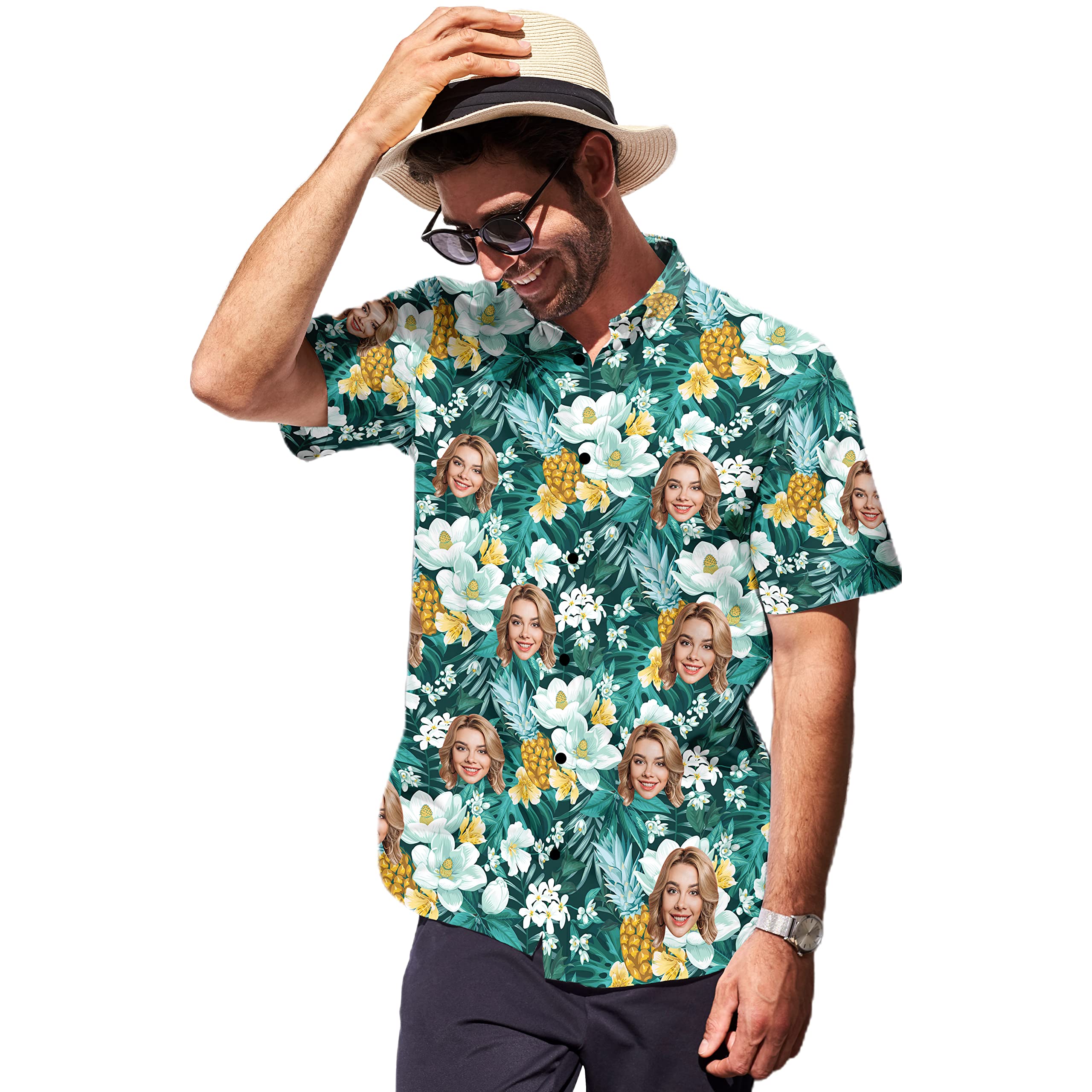 Custom Hawaiian Shirt for Men - Personalized Tropical Floral Aloha Shirt with Face Print | Summer Beach Party, Vacation, Luau & Casual Wear