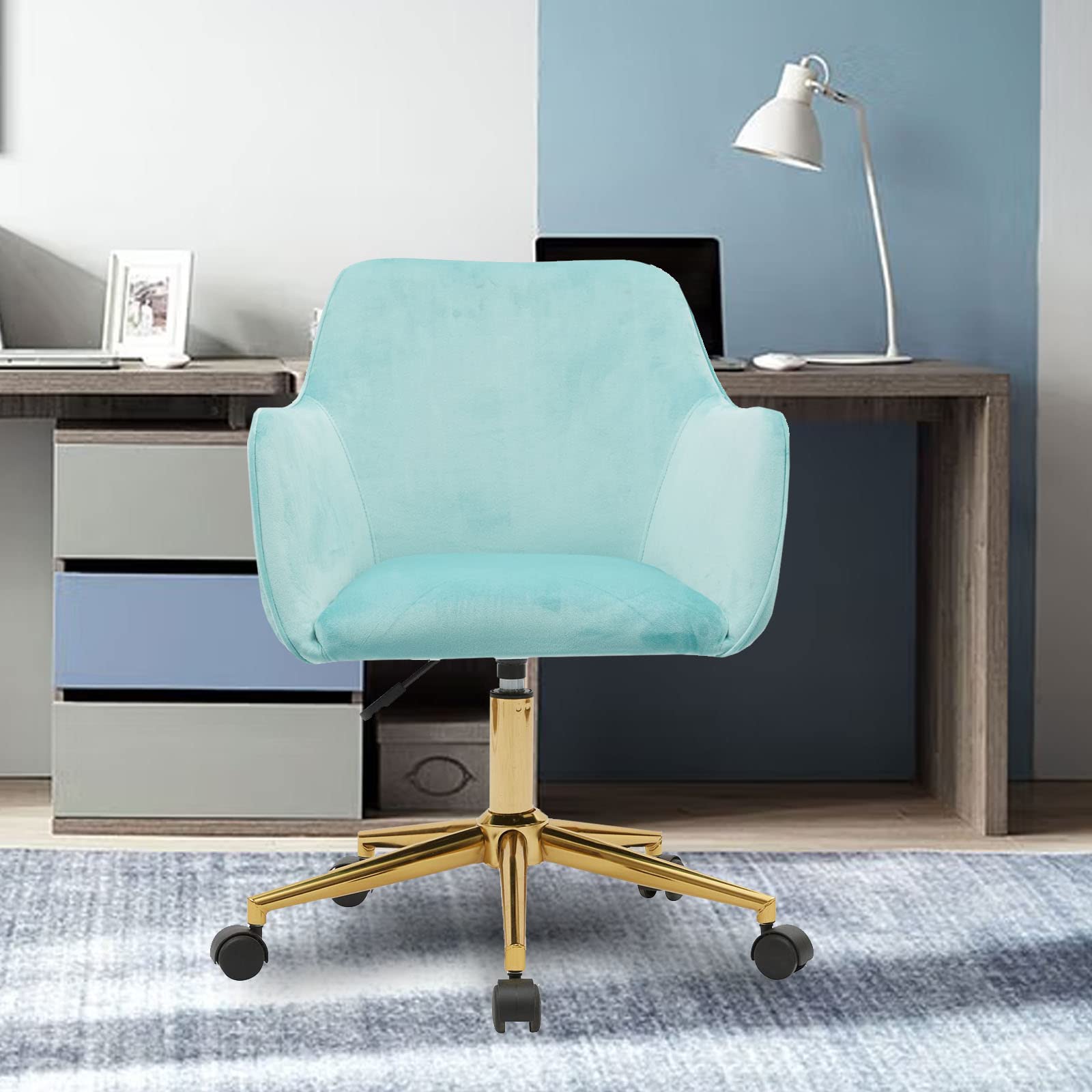 Yoluckea Modern Velvet Home Office Chair - Adjustable Swivel Desk Chair for Living Room, Teen Room & Workspace - Ergonomic Upholstered Task Chair with Lumbar Support - Perfect for Home Office, Gaming & Vanity (Light Green)