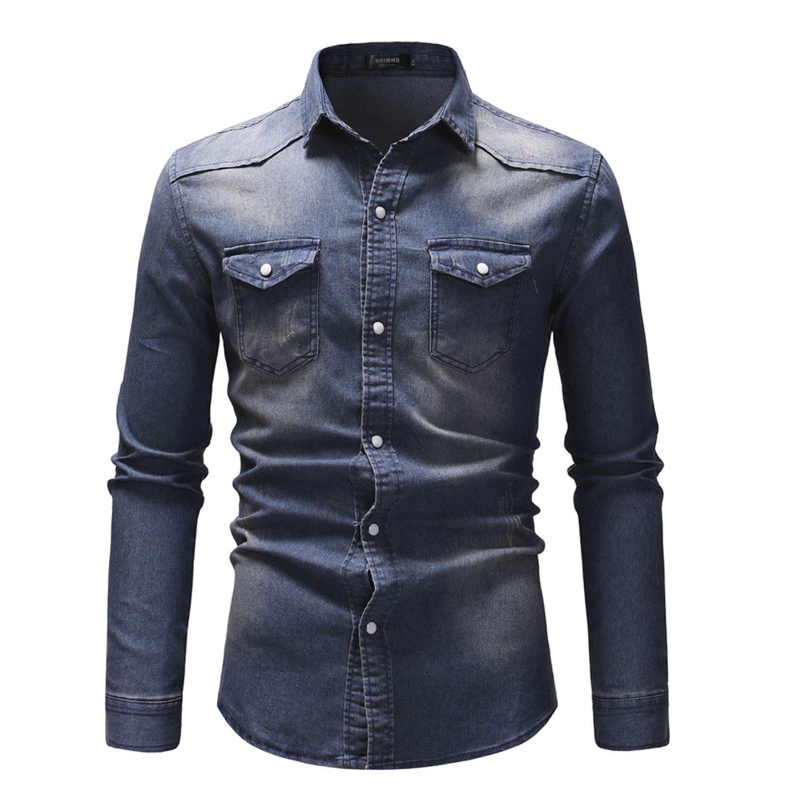 Men's Casual Button Down Denim Shirts - Long Sleeve Retro Dress Shirt for Men, 3XL Navy Blue, Comfortable & Stylish for Work, Date Night & Casual Outings