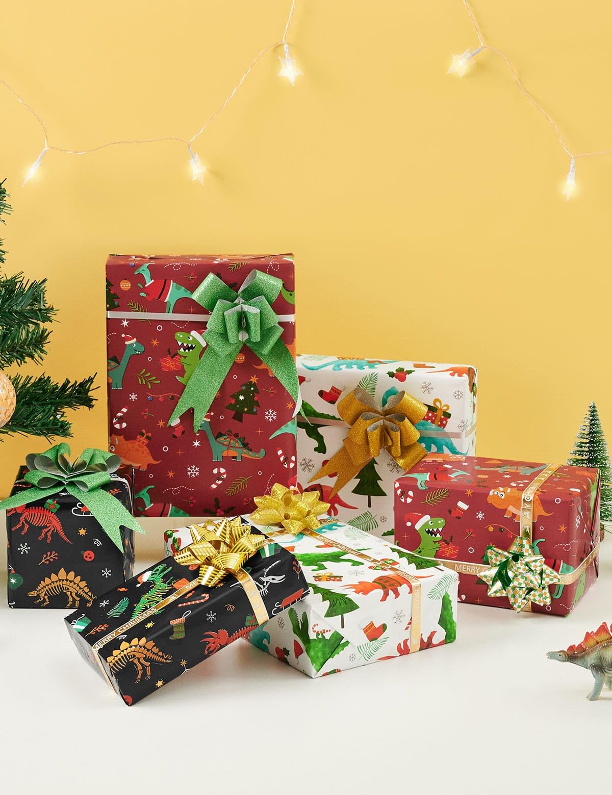 WERNNSAI Christmas Wrapping Paper for Kids - 3 Rolls Dinosaur Themed Holiday Gift Wrap (17