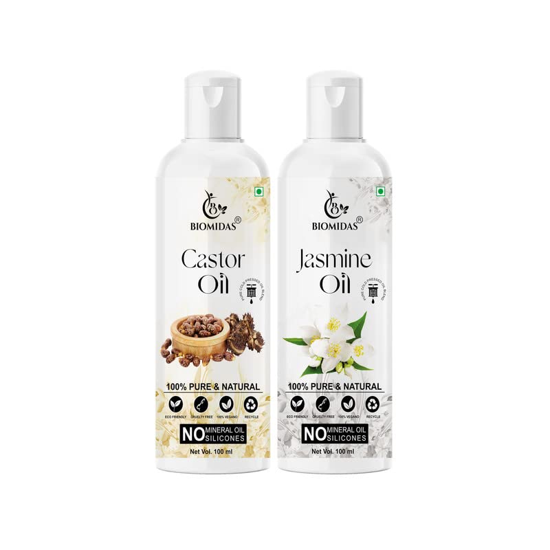 Biomidas 100% Pure Castor Oil & Jasmine Oil Combo (100ML Each) - Promotes Rapid Hair Growth, Reduces Hair Fall, Repairs Split Ends for Softer, Shinier Hair - Perfect for Daily Hair Care & Scalp Treatment (Pack of 2)