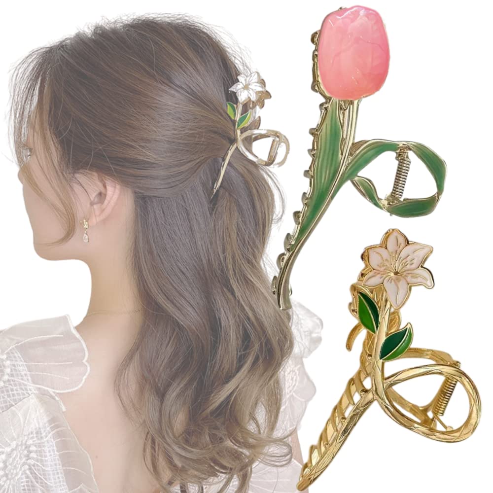 2 Pcs Elegant Tulip Flower Metal Hair Clips for Women & Girls - Large Hair Claw Clips with Floral Design - Perfect for Parties, Weddings & Everyday Styling