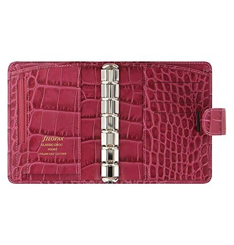 Filofax Pocket Size Classic Croc Print Leather Organizer - Weekly & Daily Planner with 2025 Calendar | Includes DiLoro Ballpoint Pen in Fuchsia (026078) | Perfect for Business Professionals, Students & Personal Scheduling