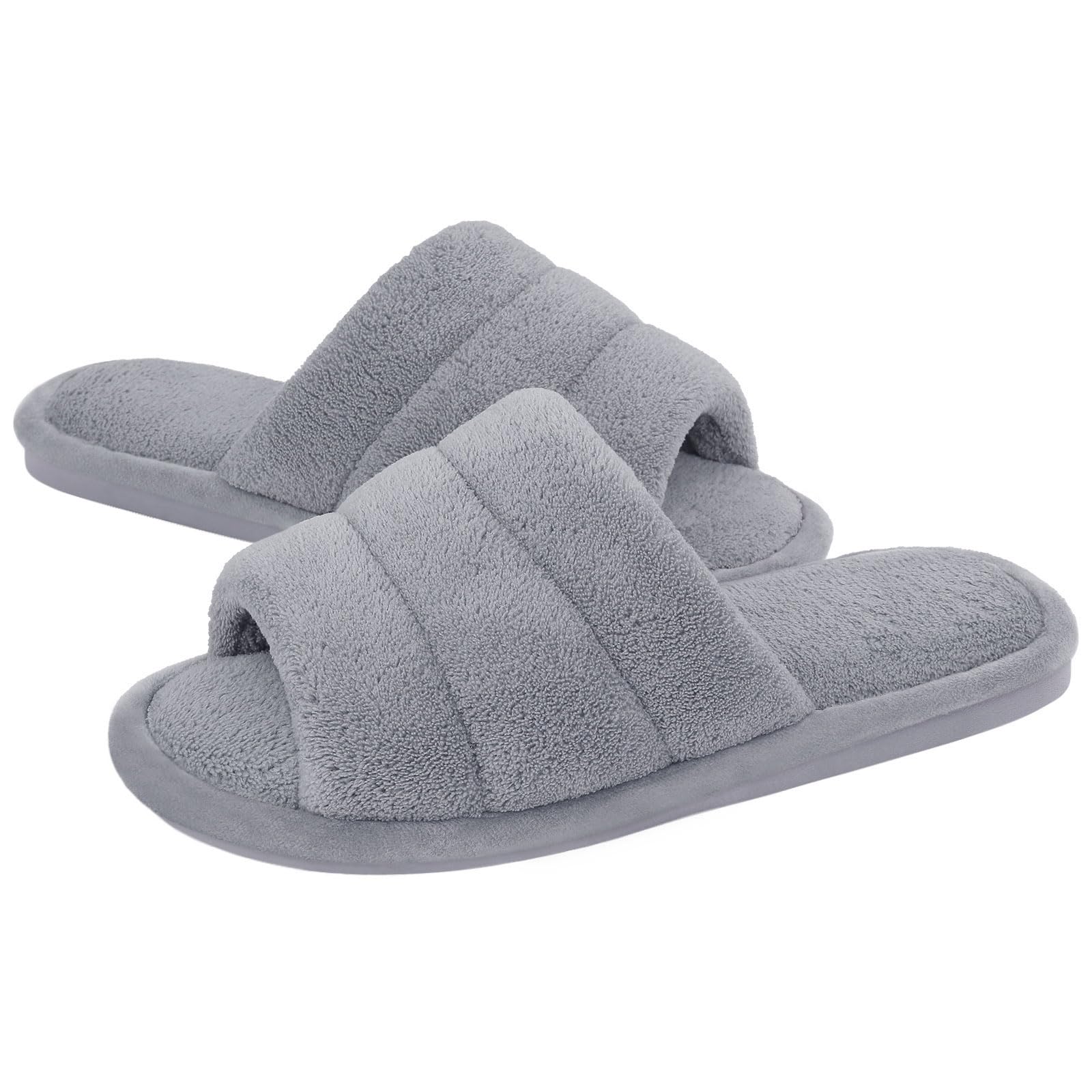 Shevalues Women's Terry Cloth Open Toe Slippers with Memory Foam - Soft & Comfortable Slip-On House Shoes for Relaxing at Home, Spa Days & Lounging