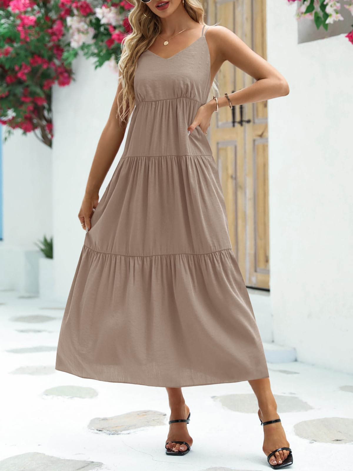Febriajuce Women's Summer Maxi Dress - Casual Spaghetti Straps, V-Neck Backless Cami Dress with Two Pockets | Beach Cover Up, Vacation Outfit, Date Night Dress