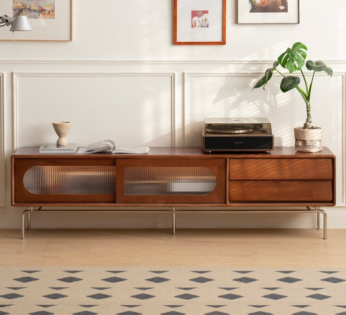 Solid Oak & Poplar Wood French Style TV Stand with Sliding Doors - Perfect for Living Room, Bedroom & Home Theater Storage
