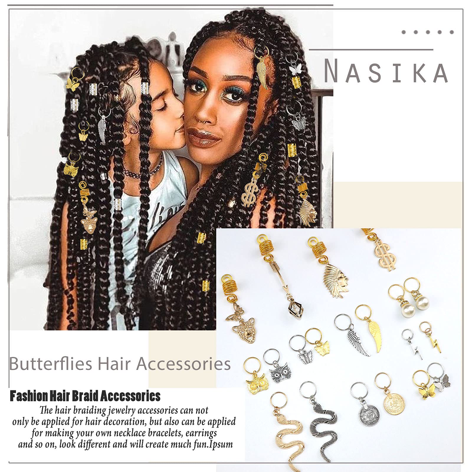 NAISKA 143-Piece Dreadlock Hair Accessories Set - Butterfly Braid Clips, Beads, Cuffs & Rings with Rhinestones for DIY Braiding | Retro Coin Hair Jewelry for Women & Men | Perfect for Boho, Festival & Afro Hairstyles