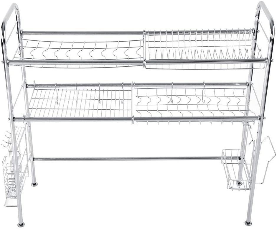 2-Tier Stainless Steel Dish Drying Rack - Over The Sink Space Saving Plate & Bowl Organizer - Perfect for Kitchen Countertop, Small Apartment, RV & Camping Use