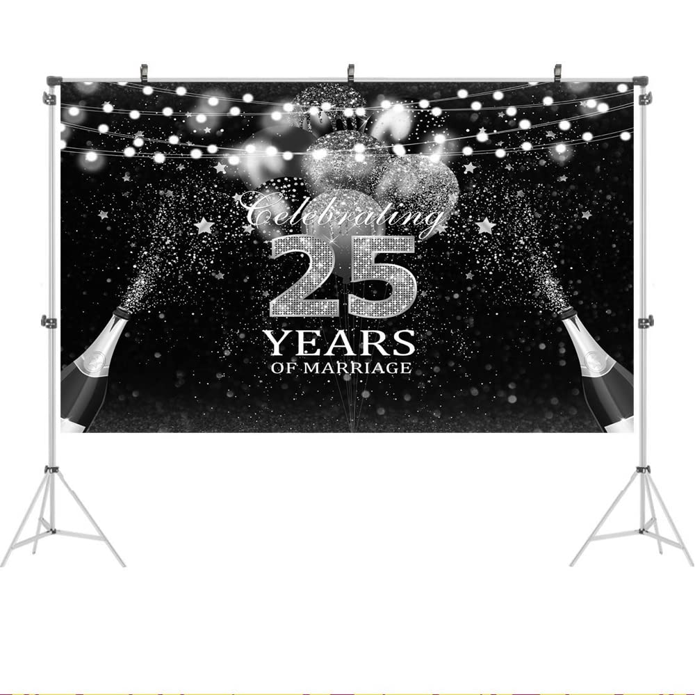 Ticuenicoa 5x3ft Black & Silver Balloon Backdrop for 25th Wedding Anniversary Decor | Happy 25 Years Marriage Banner | Party Supplies for Anniversary & Birthday Celebrations | Perfect for Photo Booths, Reception Decor, and Milestone Events