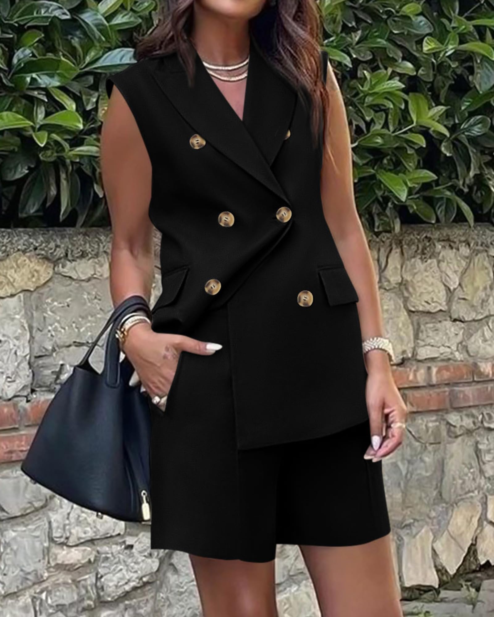 BTFBM Women's 2-Piece Blazer Vest & Shorts Set - Lapel Neck Sleeveless Button Down Office Outfit for Summer | Lounge Wear, Casual Matching Sets for Work & Vacation