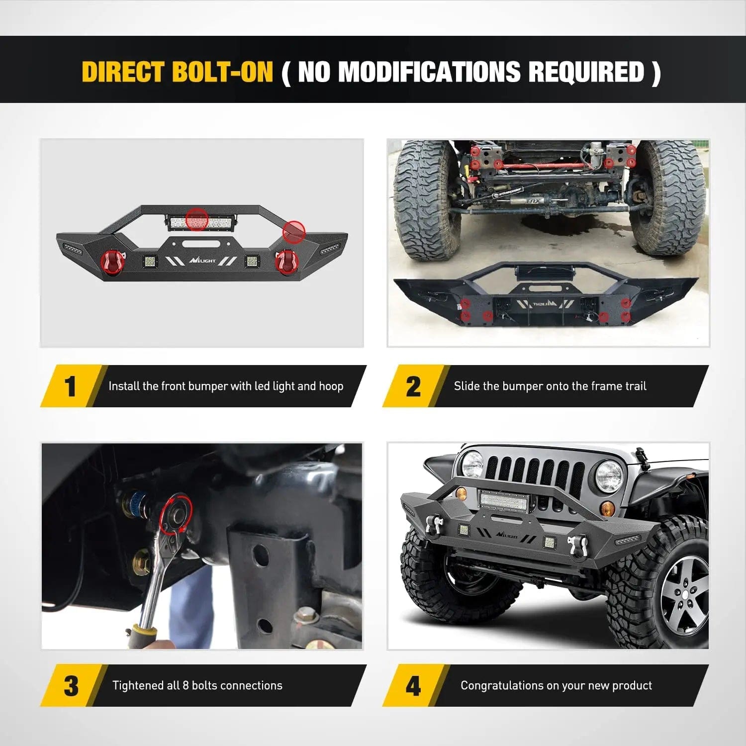 Jeep Wrangler JK/JKU & JL/JLU Front Bumper with 72W LED Light Bar & 18W Light Pods - Compatible with 2007-2025 Models Including Gladiator JT - Heavy Duty Winch-Ready Off-Road Bumper for Adventure & Trail Riding