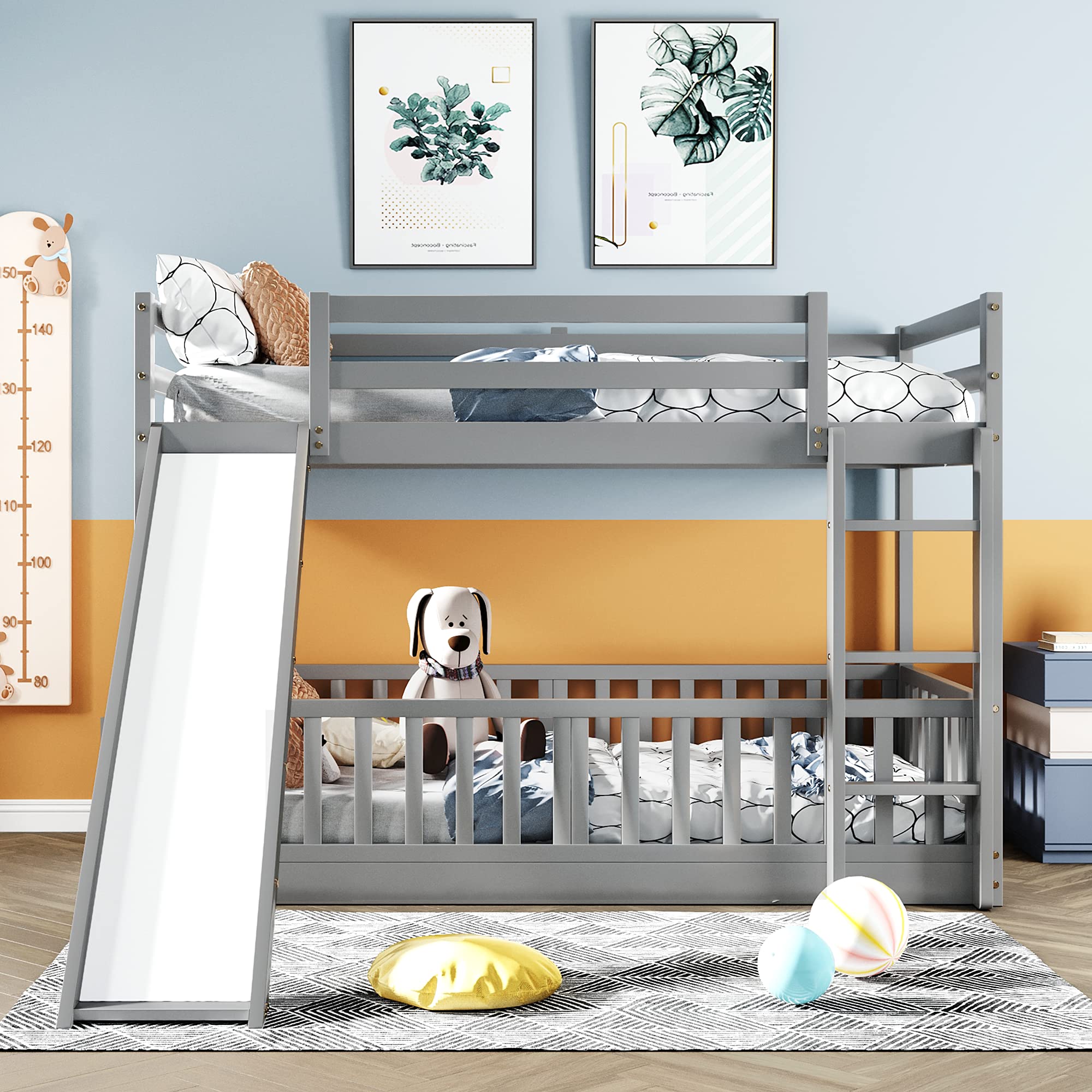 Twin Over Twin Bunk Bed with Slide - Wooden Low Bunk Bed Frame with Ladder & Safety Rail for Kids, Toddlers, Boys & Girls - Perfect for Small Bedrooms, Kids' Rooms & Shared Spaces - Gray