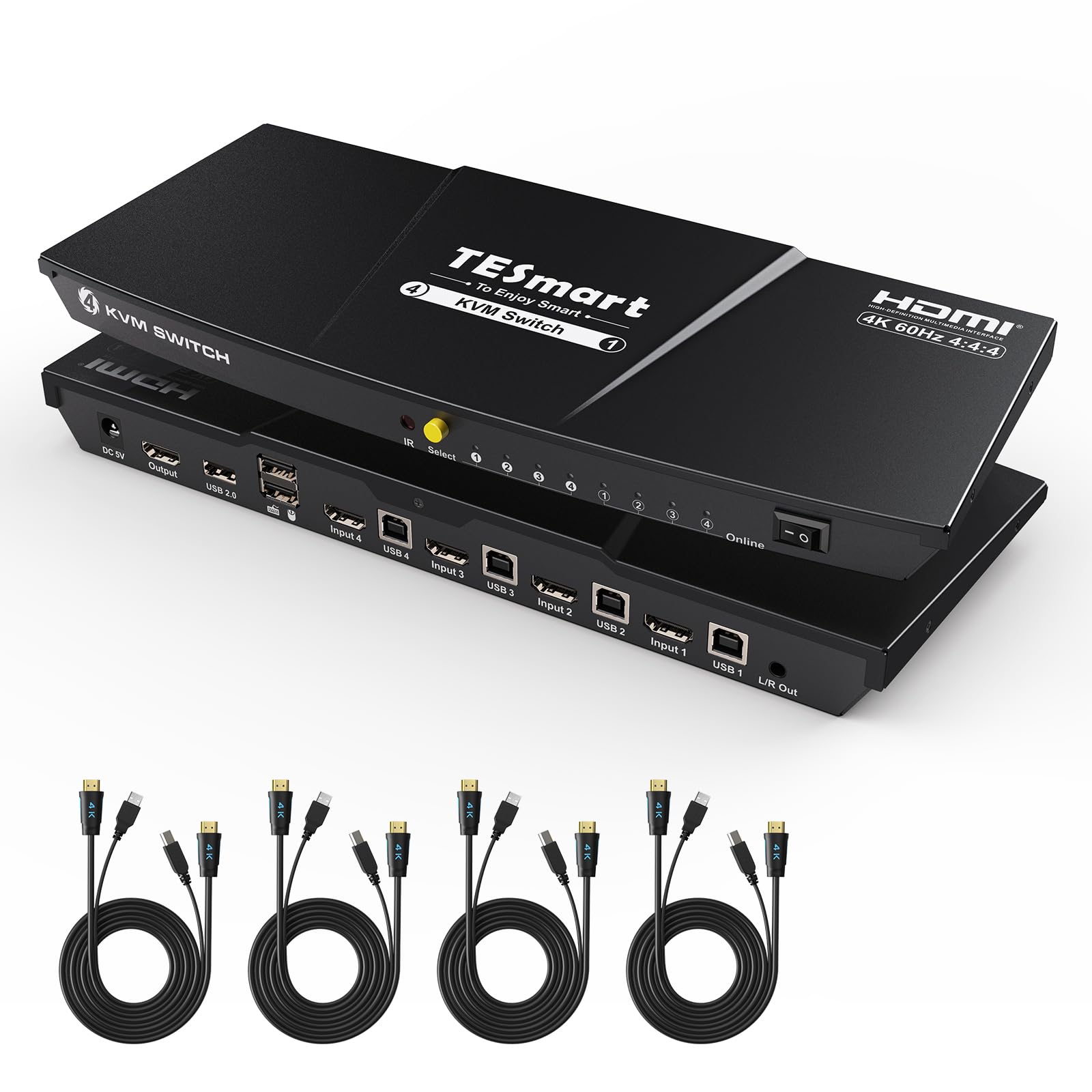 TESmart 4 Port HDMI KVM Switch - 4K@60Hz 4-in-1 Monitor Sharing for 4 Computers, EDID Emulator, USB 2.0 for Printer/Scanner, Audio Output with 1.5M Cables - Perfect for Home Office, Gaming Setup & Multi-PC Workstations