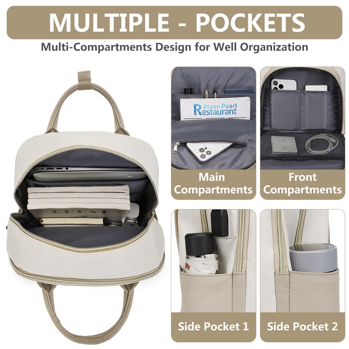 Women's 17 Inch Laptop Backpack with USB Charger - Waterproof Anti-Theft Work Bag for College, Business, Travel & Daily Commute - Perfect for Nurses, Teachers & Professionals (Beige/Khaki)