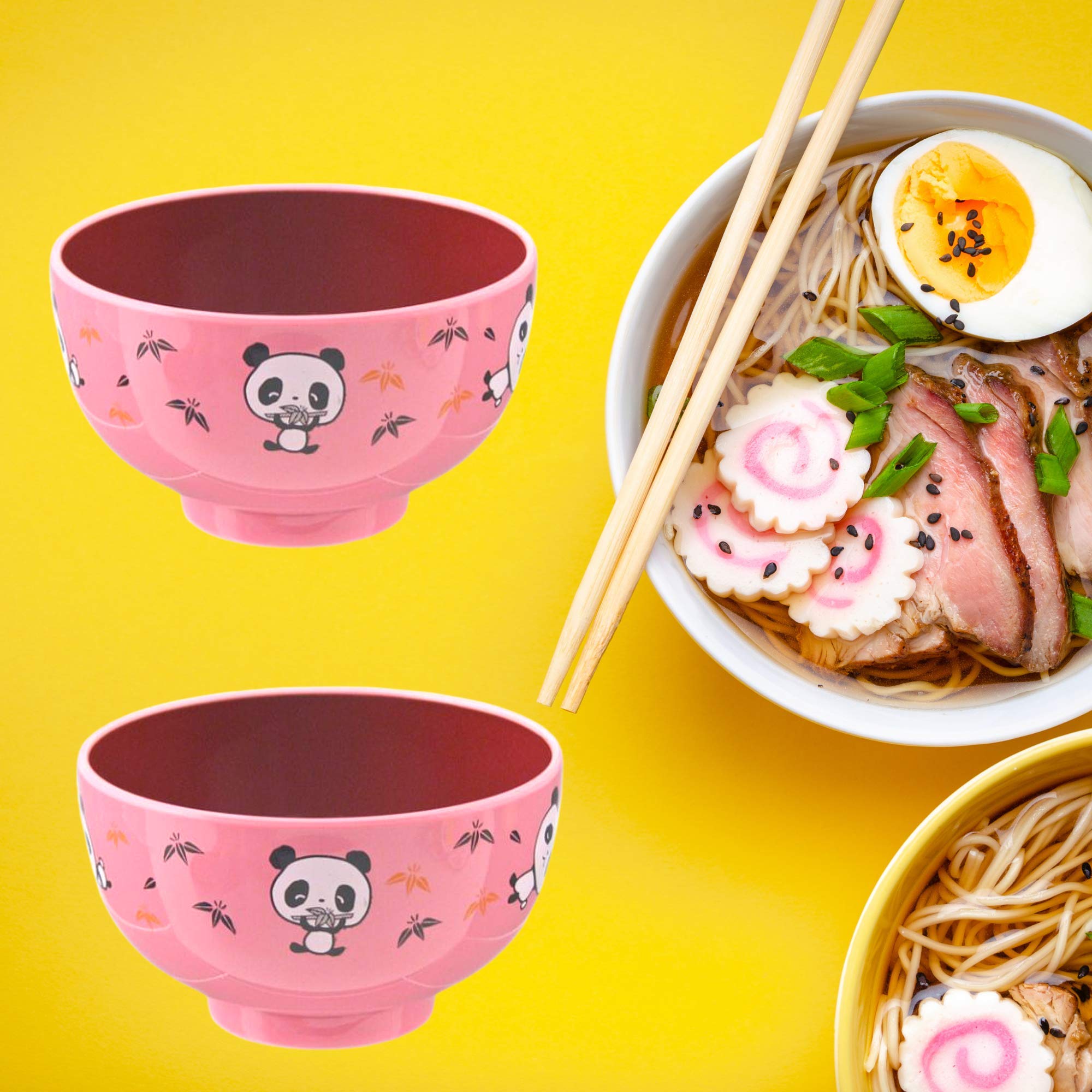 Needzo Pink Plastic Panda Noodle Bowl Set - 2 Pack Japanese Style Bowls for Cereal, Snacks, Rice (3.75 x 2.75 Inches) - Cute Panda-Themed Dishes for Kids, Parties, and Asian Cuisine
