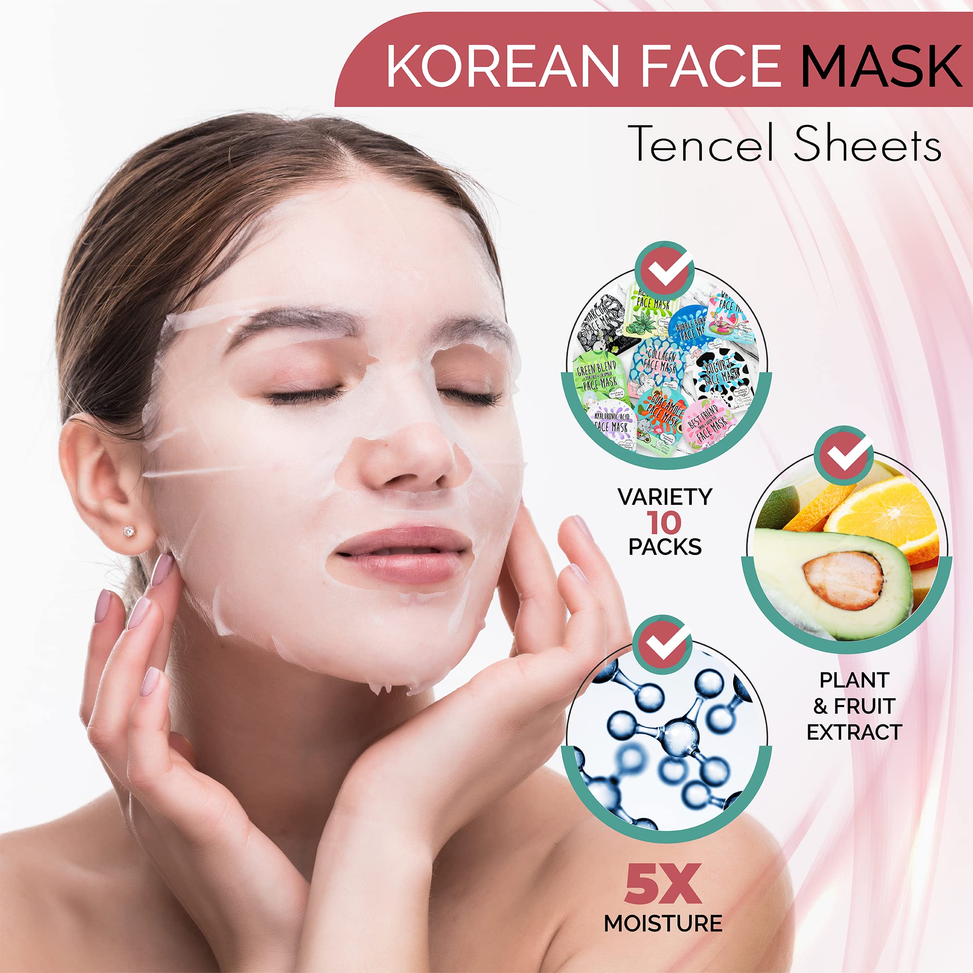 Premium Korean Tencel Sheet Mask Set (10 Pack) - Hydrating Facial Masks for Women & Men, Deep Moisturizing Skin Care Treatment with Natural Ingredients - Perfect for Spa Days, Self-Care Routines & K-Beauty Glow