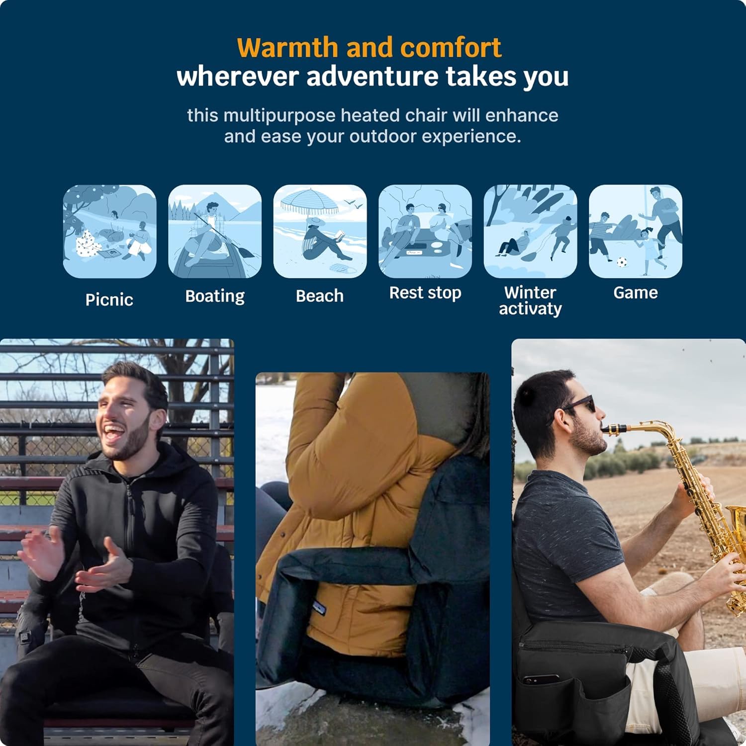 Alpcour Heated Reclining Stadium Seat - Wide Bleacher Chair with Back Support, Cushion, Armrests & Side Pockets - Portable Folding Seat for Football Games, Camping, Kayaking, Paddle Boarding & Outdoor Events