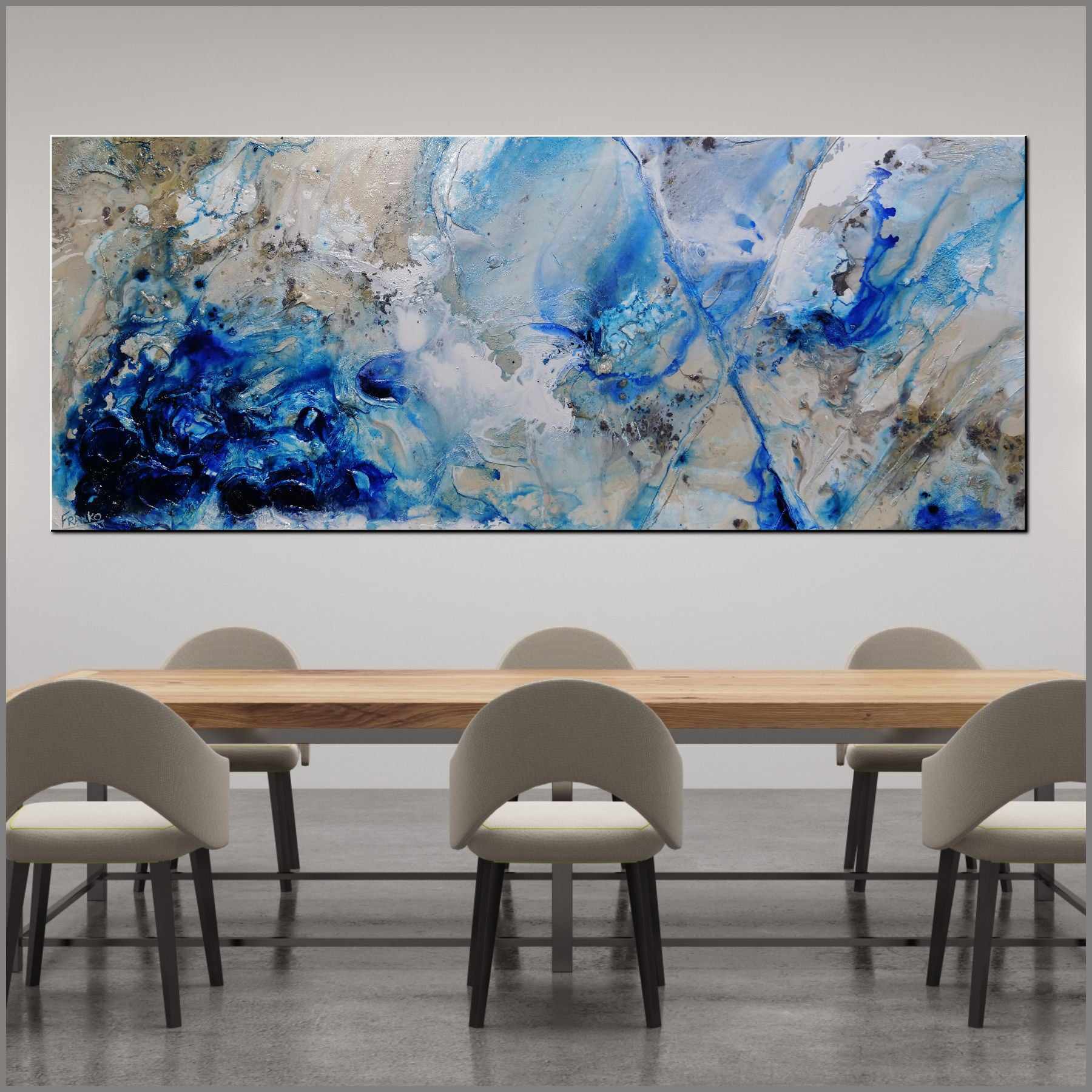 Midnight at the Oasis - 79x31 Inch Cream Blue Textured Abstract Canvas Wall Art - Perfect for Living Room, Bedroom or Office Decor