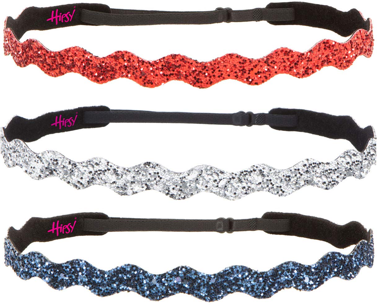 Hipsy PETITE Size Adjustable No Slip Sparkly Bling Glitter Headbands 3-Pack for Women Girls Teens - Wave Navy Silver Red - Perfect for Sports Workouts School and Fashion Accessories