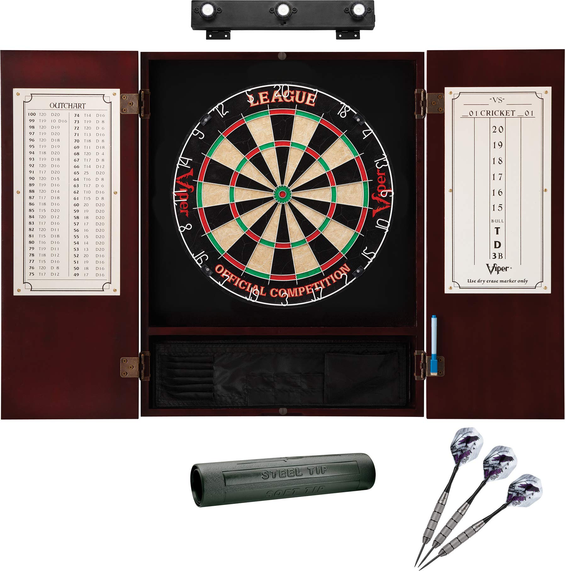 Premium Viper League Sisal Dartboard Set with Metropolitan Mahogany Cabinet, Shadow Buster LED Lighting & Padded Dart Mat - Professional Dart Game Setup for Home, Bar, or Office Entertainment