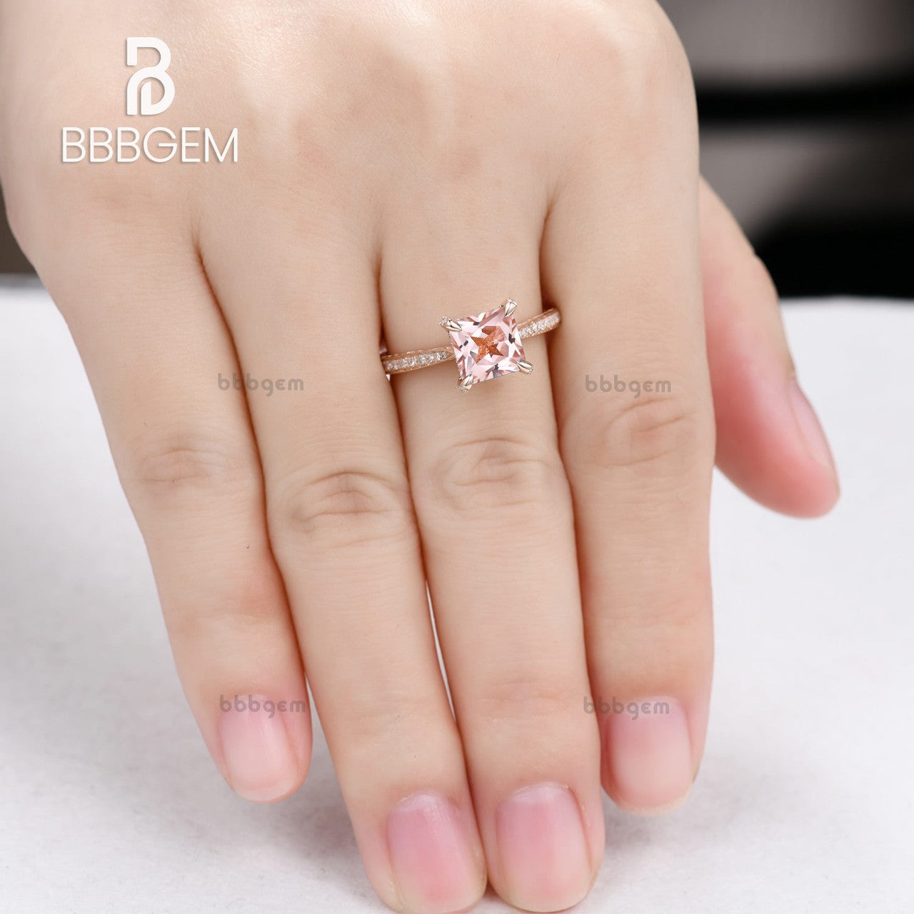 Exquisite Morganite Princess Cut Diamond Side Stone Engagement Ring with Filigree Tapered Diamond Band - Perfect for Proposals, Anniversaries & Romantic Occasions
