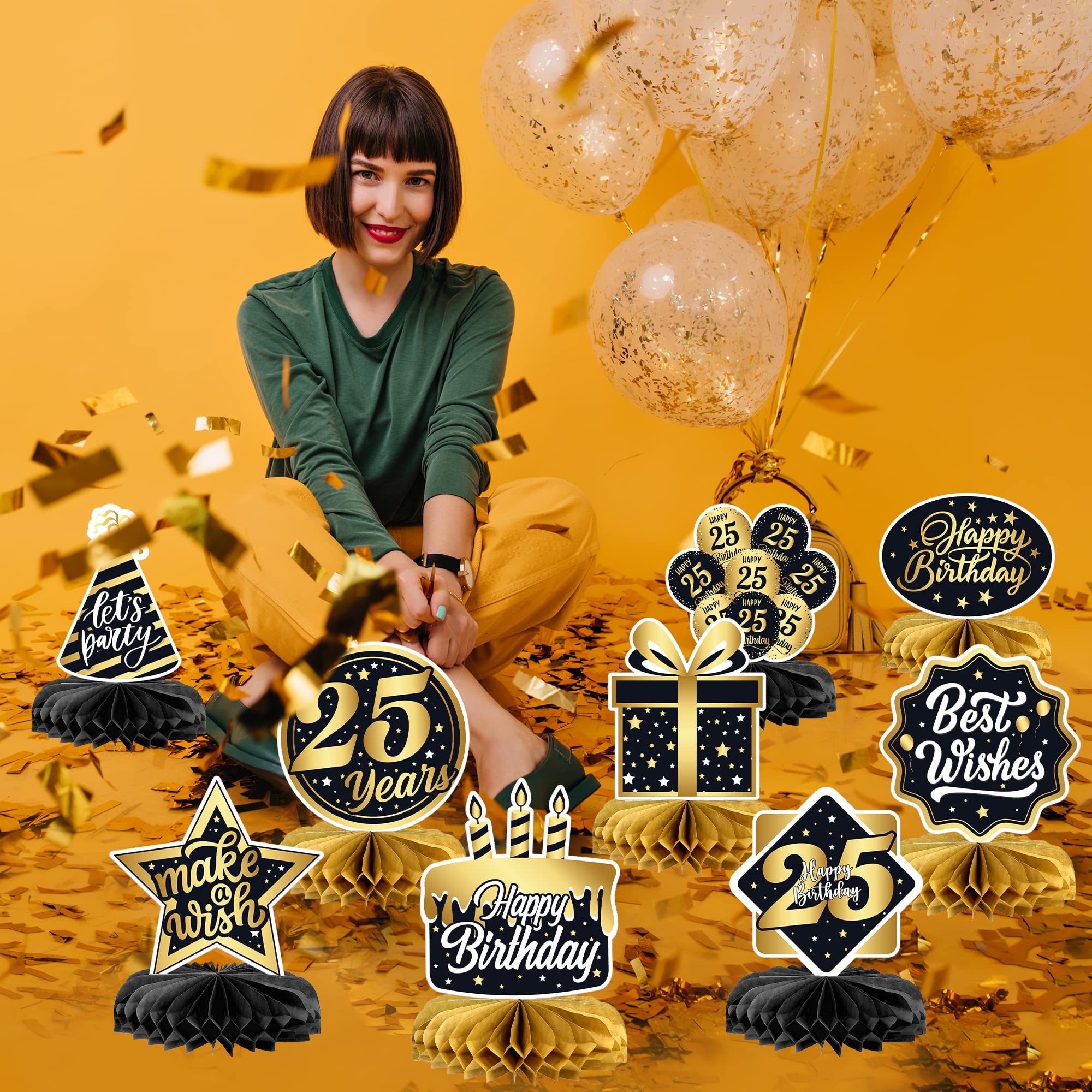 Black and Gold 25th Birthday Party Decorations Set - Pack of 9 Elegant Centerpieces for Tables | Birthday Decor for Men & Women | Perfect for 25th Birthday Celebrations, Anniversaries, and Milestone Parties