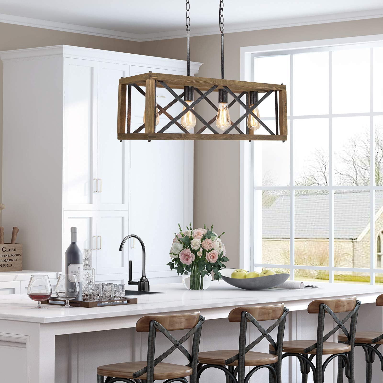 Rustic Farmhouse Chandelier - 4-Light Rectangular Dining Room Lighting Fixture (27.5 Inch) - Perfect for Kitchen Island, Breakfast Nook & Country Style Home Decor
