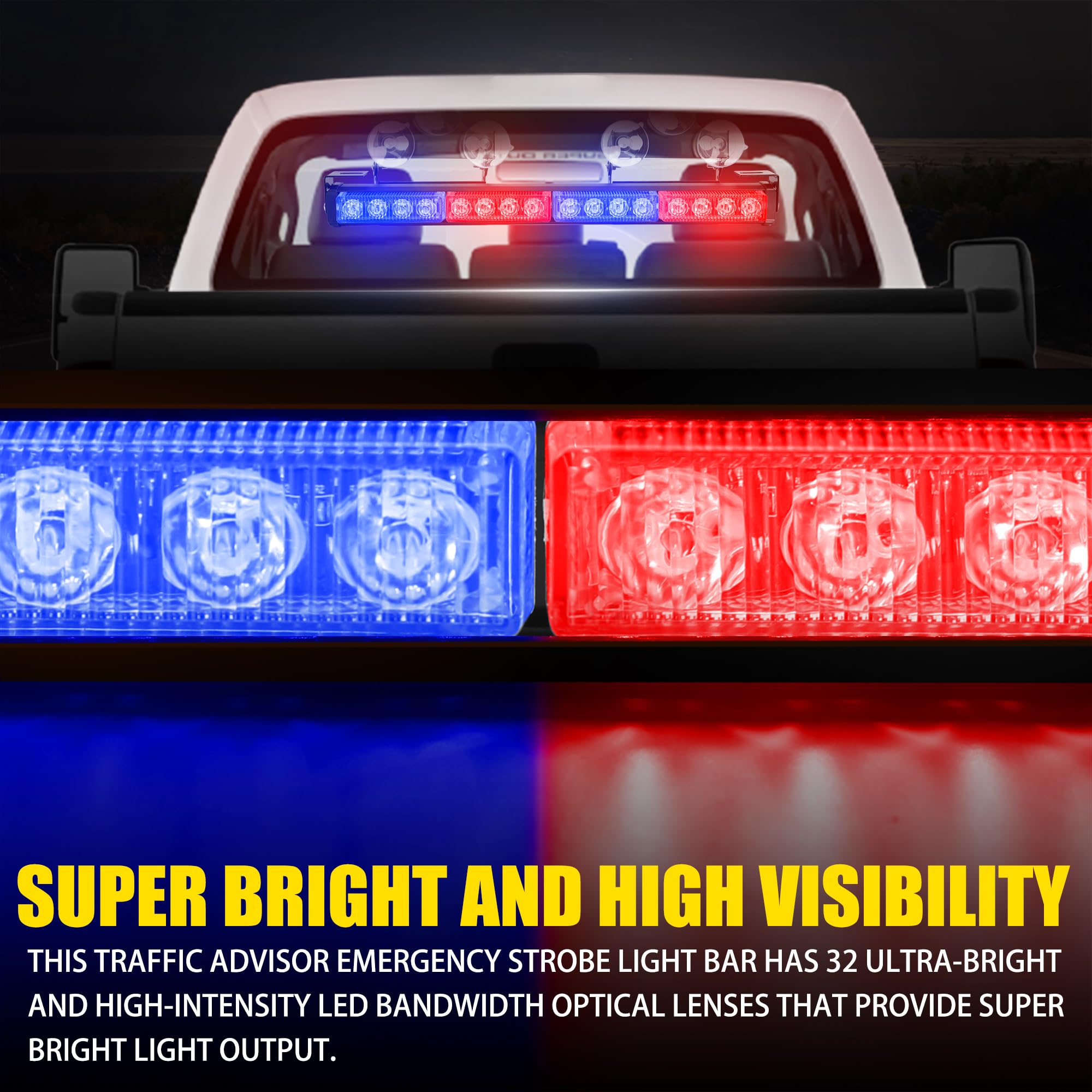 2 Pack 16.8 Inch Emergency Strobe Light Bar - 32 LED with 23 Flash Patterns, Hazard Warning & Traffic Advisor for Vehicles, Trucks, Snow Plows | Interior Safety Warning Lights for Roadside Emergencies, Construction Zones & Nighttime Visibility