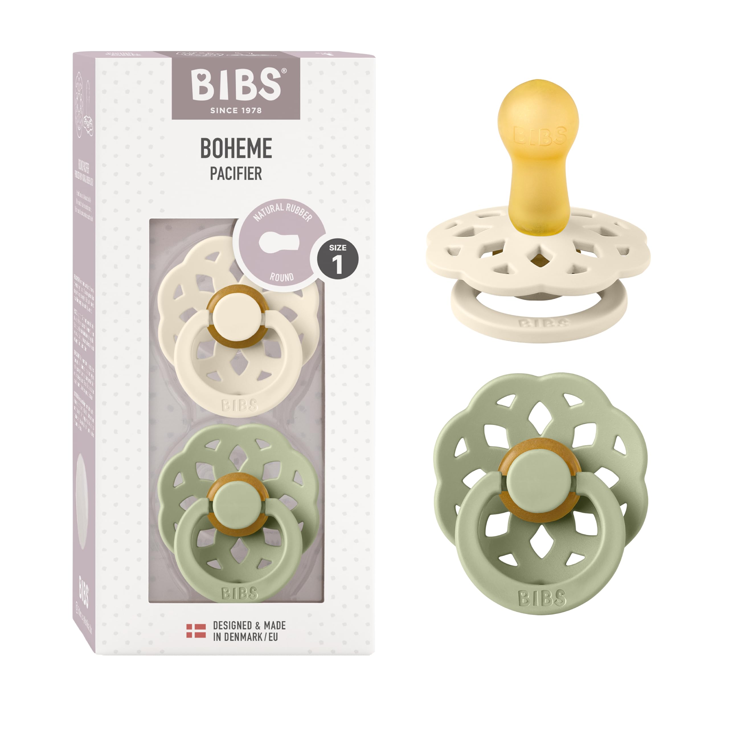BIBS Boheme Pacifier 2-Pack - BPA Free Baby Soother for 0-6 Months (Ivory/Sage) - Perfect for Newborns, Daycare & Travel Essentials