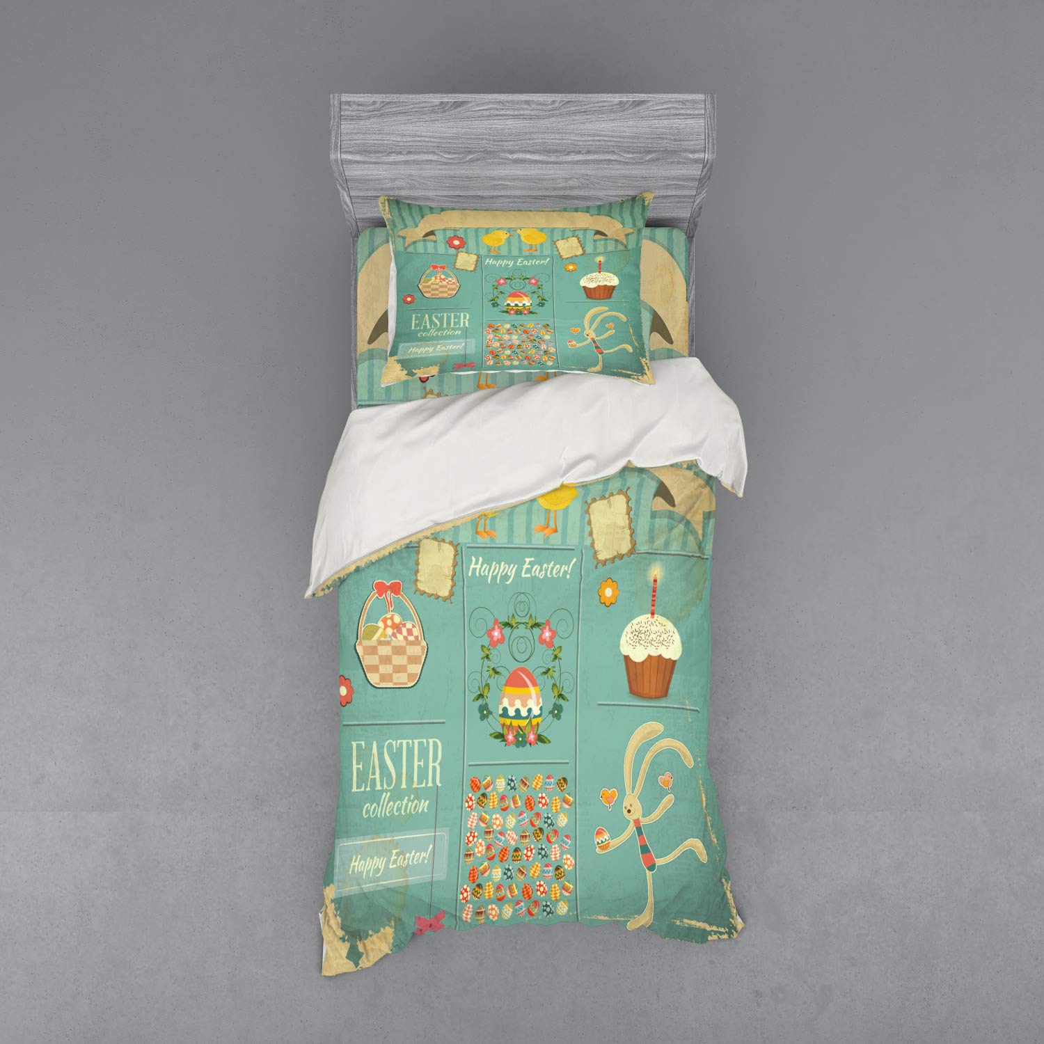 Ambesonne Easter Bedding Set - 3 Piece Duvet Cover with Sham & Fitted Sheet, Twin Size - Rabbit, Eggs, Cupcake & Basket Spring Design - Perfect for Easter Decorations & Seasonal Bedroom Refresh