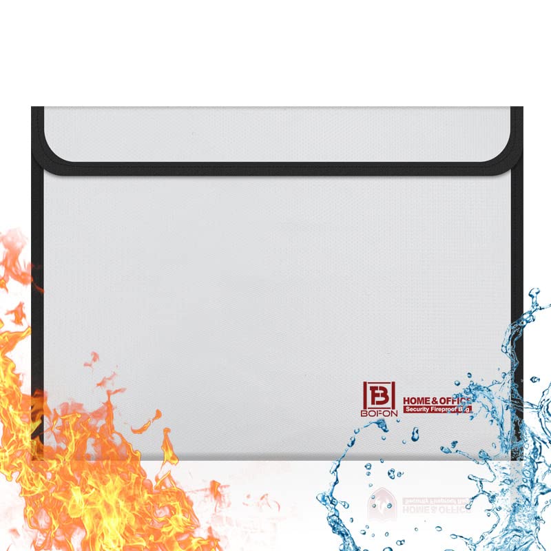 BOFON 15”x11” Fireproof Document Bag - Waterproof & Fireproof Money Bag with Zipper for Valuables, Cash, Jewelry, Files & Tablets - Ideal for Home, Office & Travel Safety Storage