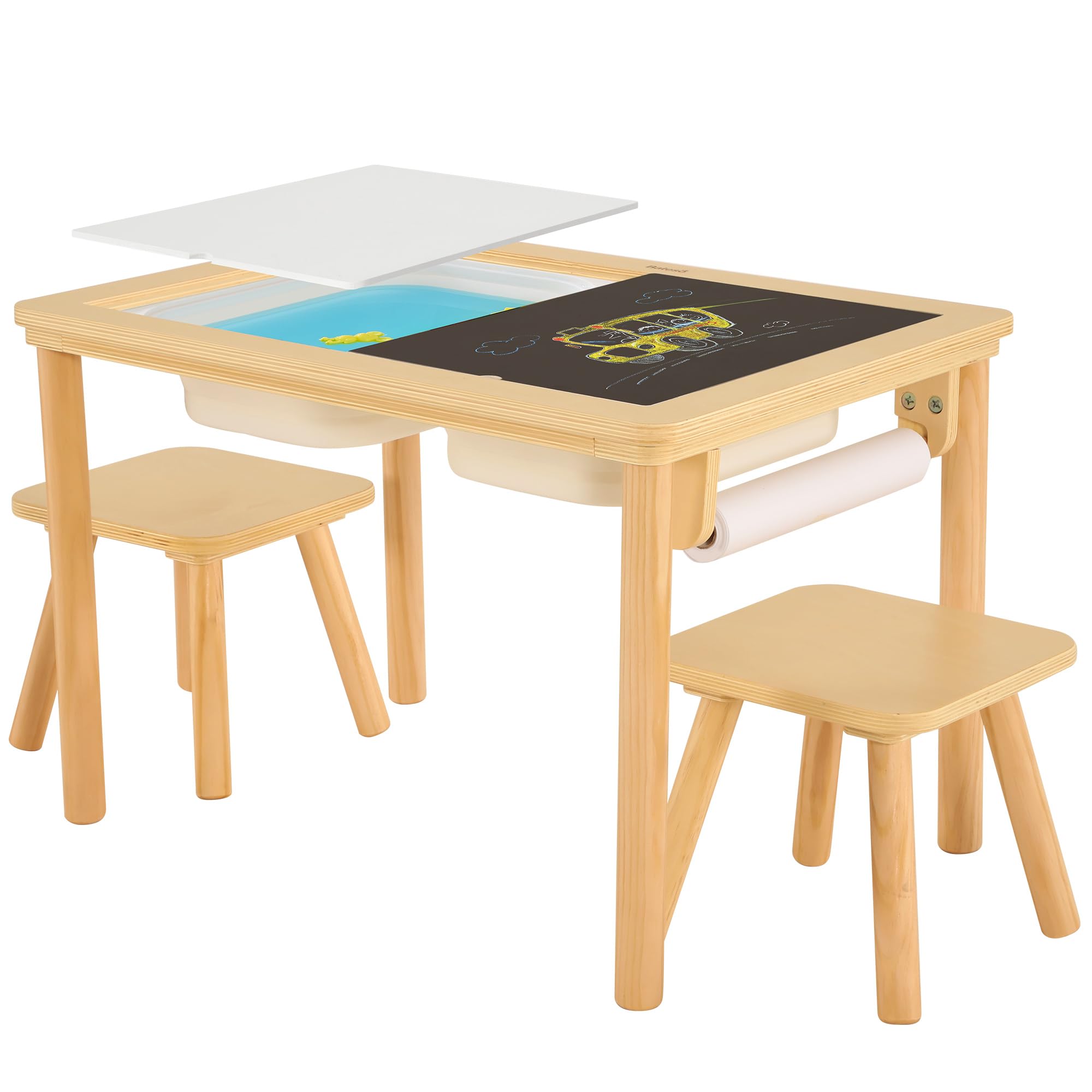 Premium Wooden Sensory Activity Table for Kids - Double-Sided Play Board with Sand & Water Play, Foldable Storage Bins, Includes 2 Chairs & Paper Roll - Perfect for Indoor & Outdoor Learning, Preschool Playtime & Backyard Fun