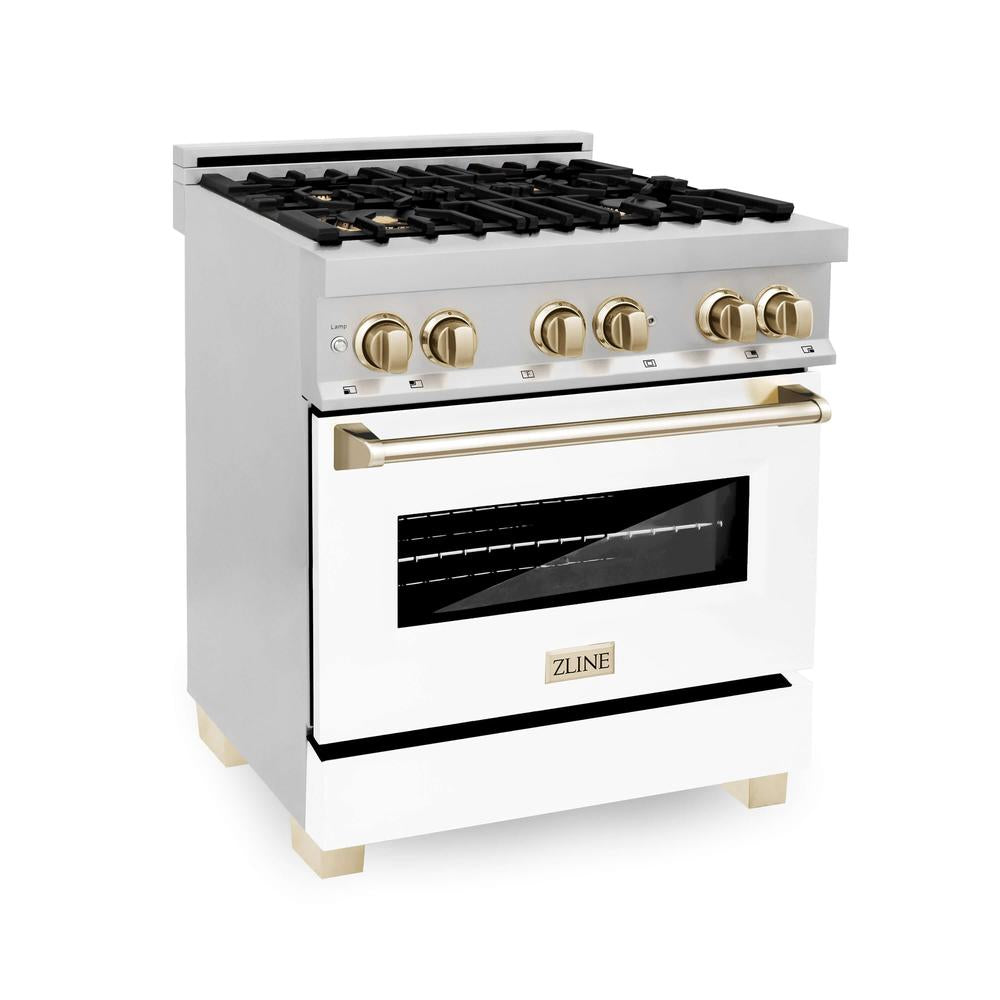 ZLINE Autograph Edition 30-inch Stainless Steel Dual Fuel Range with White Matte Door & Range Hood - Polished Gold Accents (2AKP RAWMRH30 G) | Professional Kitchen Package for Home Chefs & Modern Cooking Enthusiasts