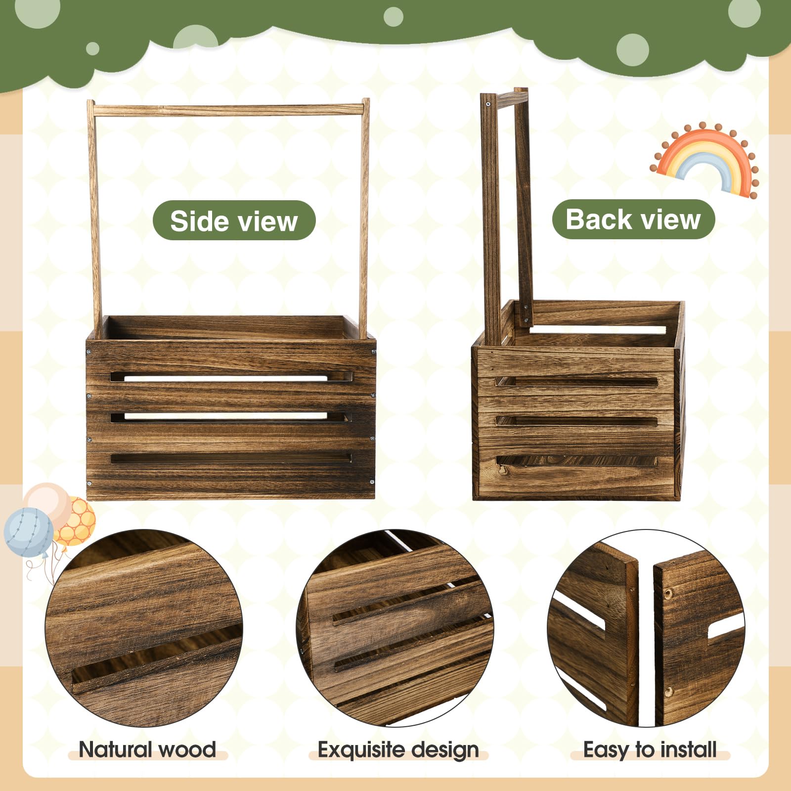 Barydat Wooden Baby Shower Crate - Handmade Nursery Storage Basket with Handle, Pregnancy Announcement Sign & Garland Hangers - Perfect for New Parent Gifts, Gender Reveal Parties & Nursery Decor (Brown)